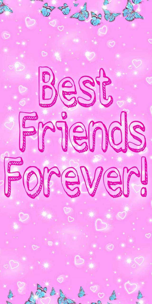 可愛 桌布 壁紙 — 粉紅色背景上閃爍的心形和藍色蝴蝶圍繞著「Best Friends Forever!」這句俏皮的粉紅色字句。