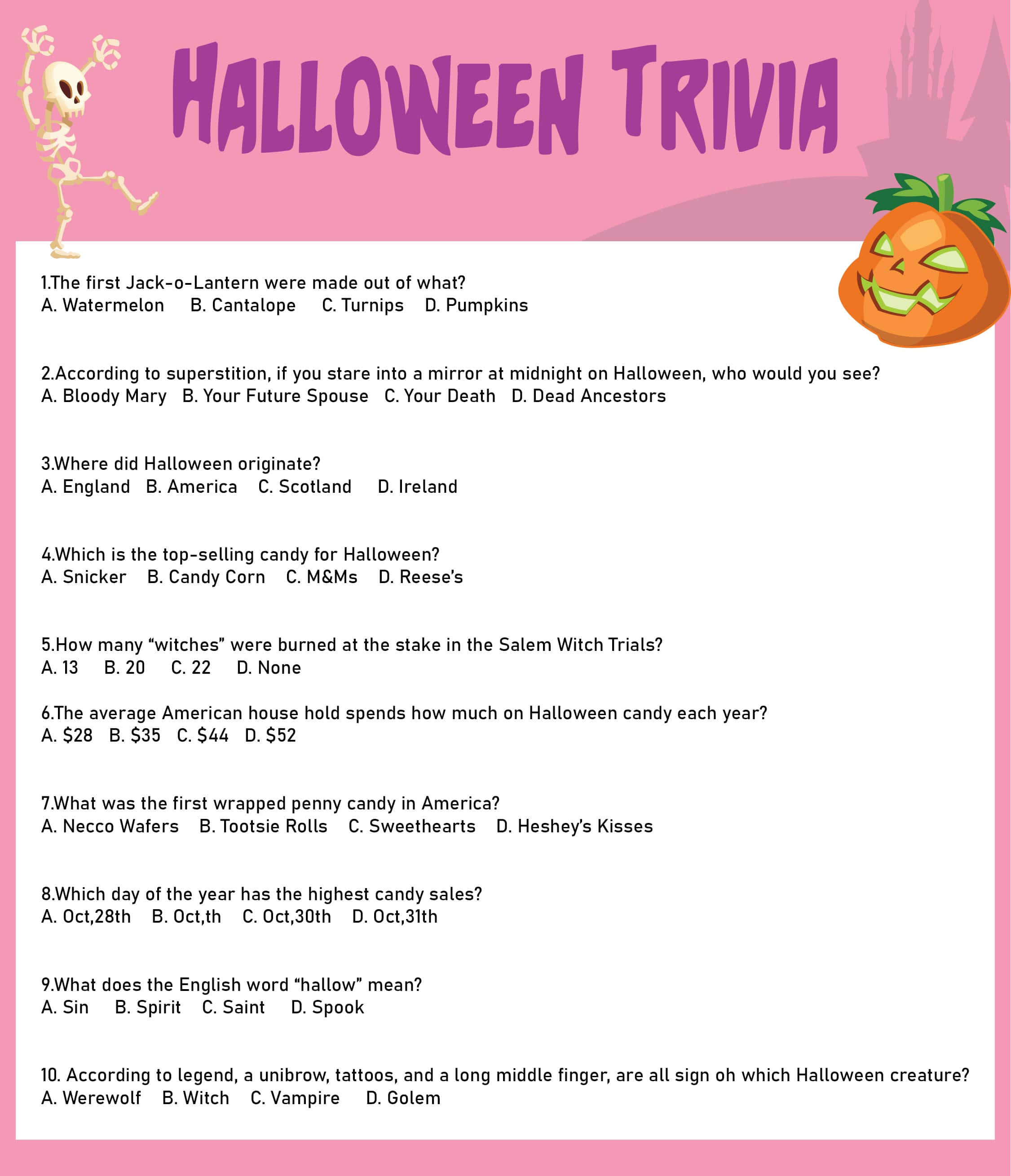 Halloween Trivia 桌布 壁紙 — 粉紅色萬聖節問答遊戲紙，附有卡通骷髏和南瓜燈裝飾。