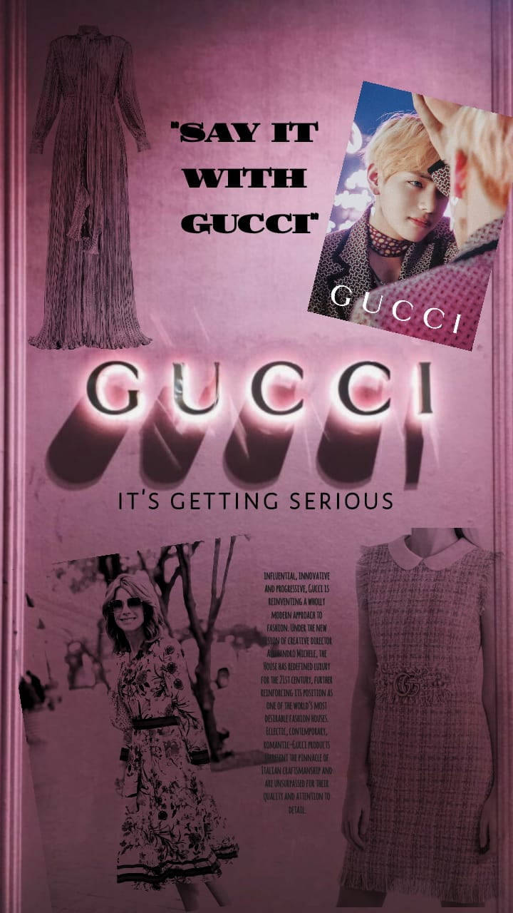 Gucci 桌布 壁紙 — 粉紅色調的 Gucci 時尚廣告拼貼，以模特兒、服裝和粗體字型為特色，帶有復古雜誌美學。