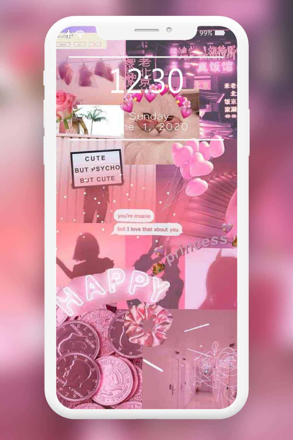 可愛 桌布 壁紙 — 粉紅色調的手機壁紙拼貼，包含心形、硬幣、文字和剪影，營造夢幻美感。