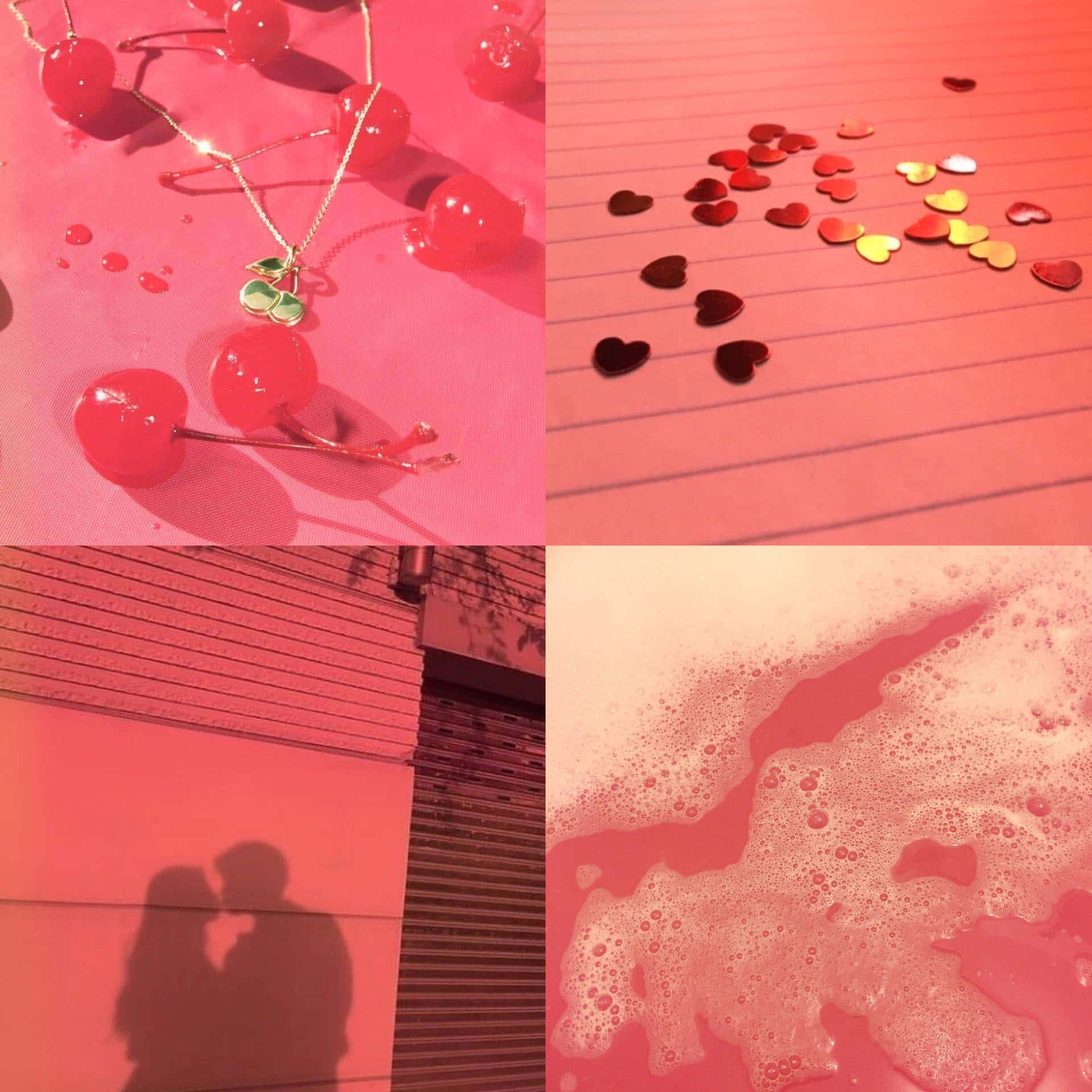 Pastel Red Aesthetic 桌布 壁紙 — 粉紅色調的拼貼畫， featuring 櫻桃主題珠寶、心形紙屑、情侶的影子及氣泡液體。
