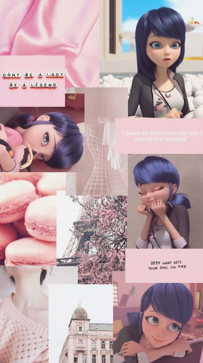 Marinette 桌布 壁紙 — 粉紅色調的拼貼畫， featuring 動畫角色瑪麗娜、馬卡龍、艾菲爾鐵塔和勵志語錄。
