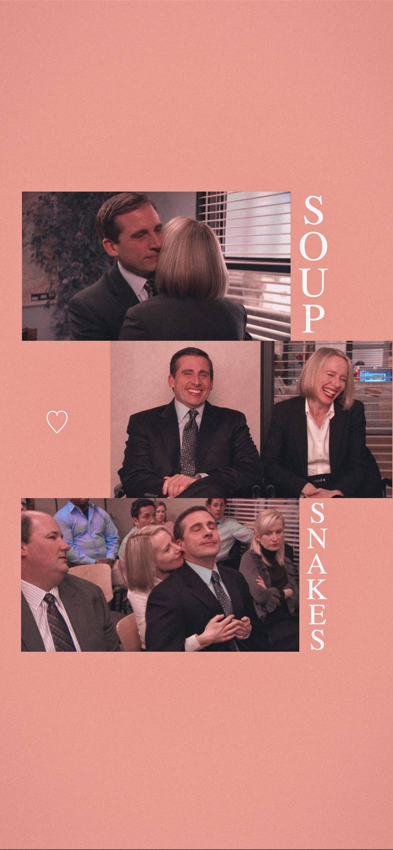 The Office iPhone 桌布 壁紙 — 粉紅色調的拼貼畫，包含《辦公室》中吉姆·哈爾珀特和潘·比斯利在辦公室場景中的三個標誌性畫面。