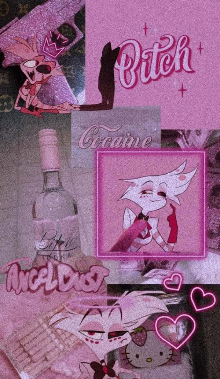 Bruh Bitch Girl 壁紙 — 粉紅色調的拼貼畫，包含卡通角色、伏特加酒瓶，以及帶有心形和閃粉效果的風格化文字。