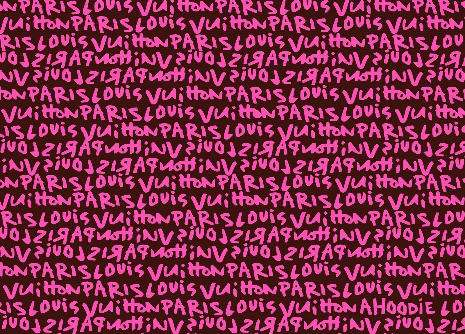 深酒紅色背景上的粉紅色 Louis Vuitton 文字塗鴉圖案