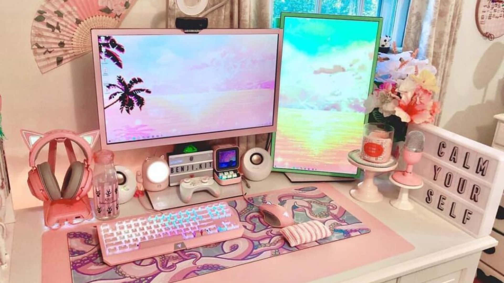Kawaii Gaming 桌布 壁紙 — 粉紅色遊戲枱設置，配棕櫚樹牆紙、貓耳耳機和 'calm your self' 標誌。