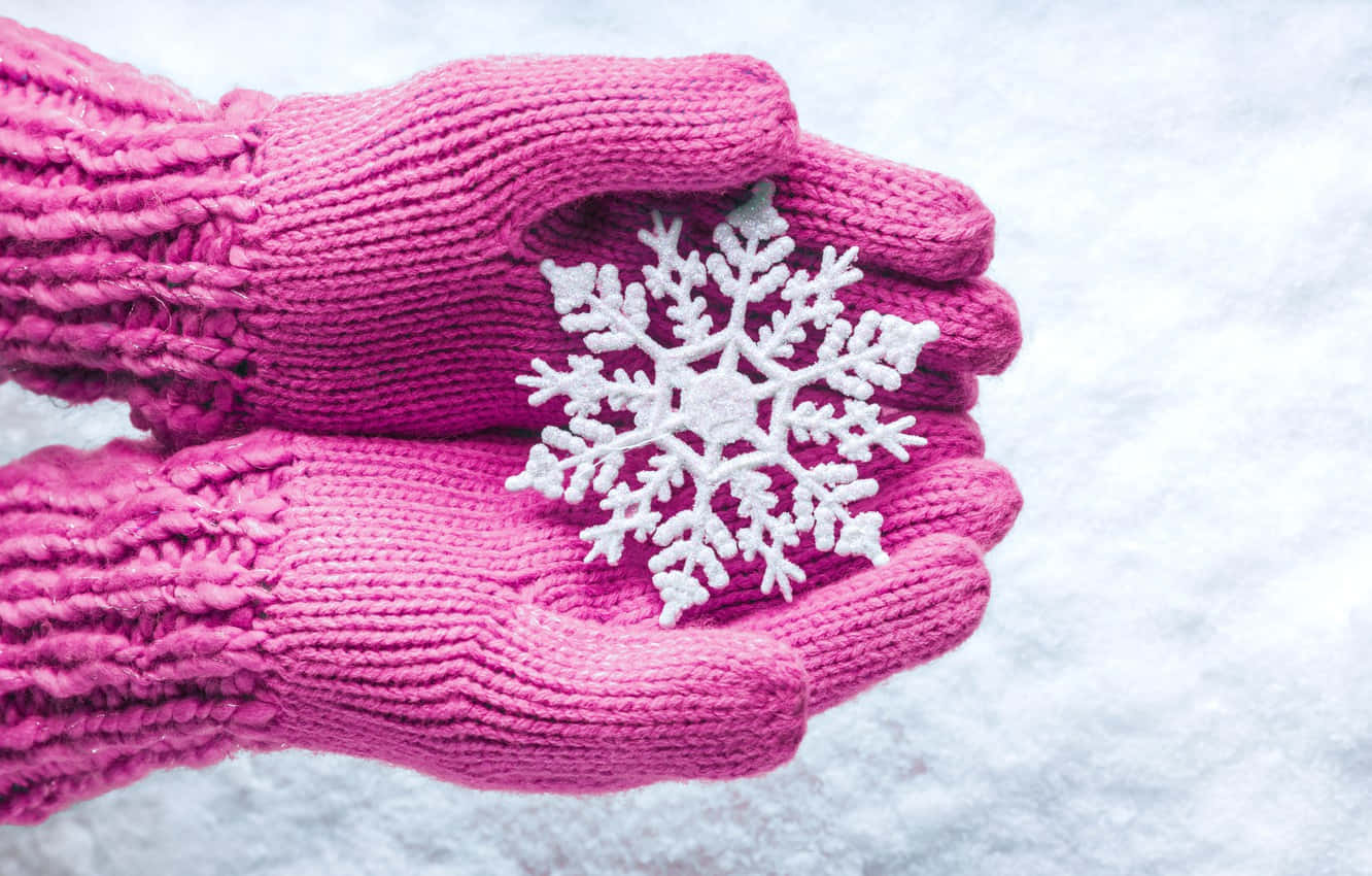 Mittens 桌布 壁紙 — 粉紅色針織手套在雪景背景中輕托著一朵精緻的白色雪花。