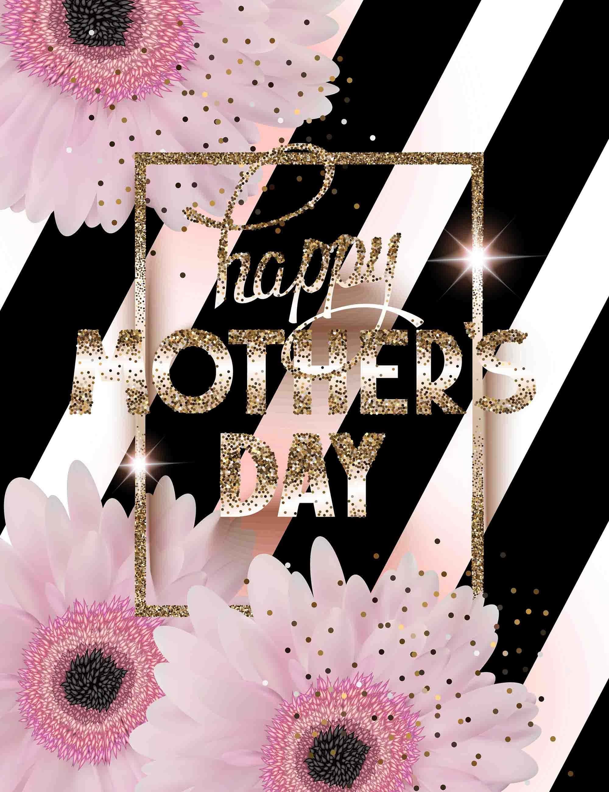 Happy Mothers Day 桌布 壁紙 — 粉紅色非洲菊雛菊，帶有金色閃粉文字，在黑白色斜紋背景上寫著 happy mothers day。