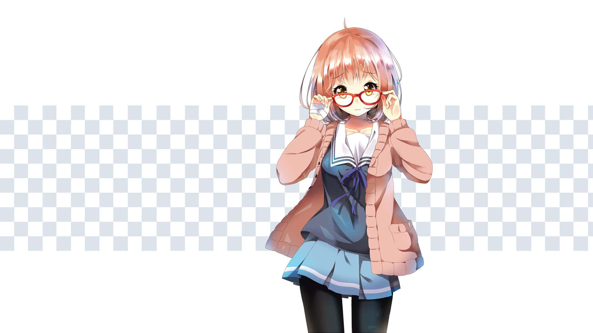 Mirai 桌布 壁紙 — 粉紅色頭髮、戴紅色眼鏡的動漫女孩，穿著藍色水手服外搭粉紅色開襟衫，正在調整眼鏡。