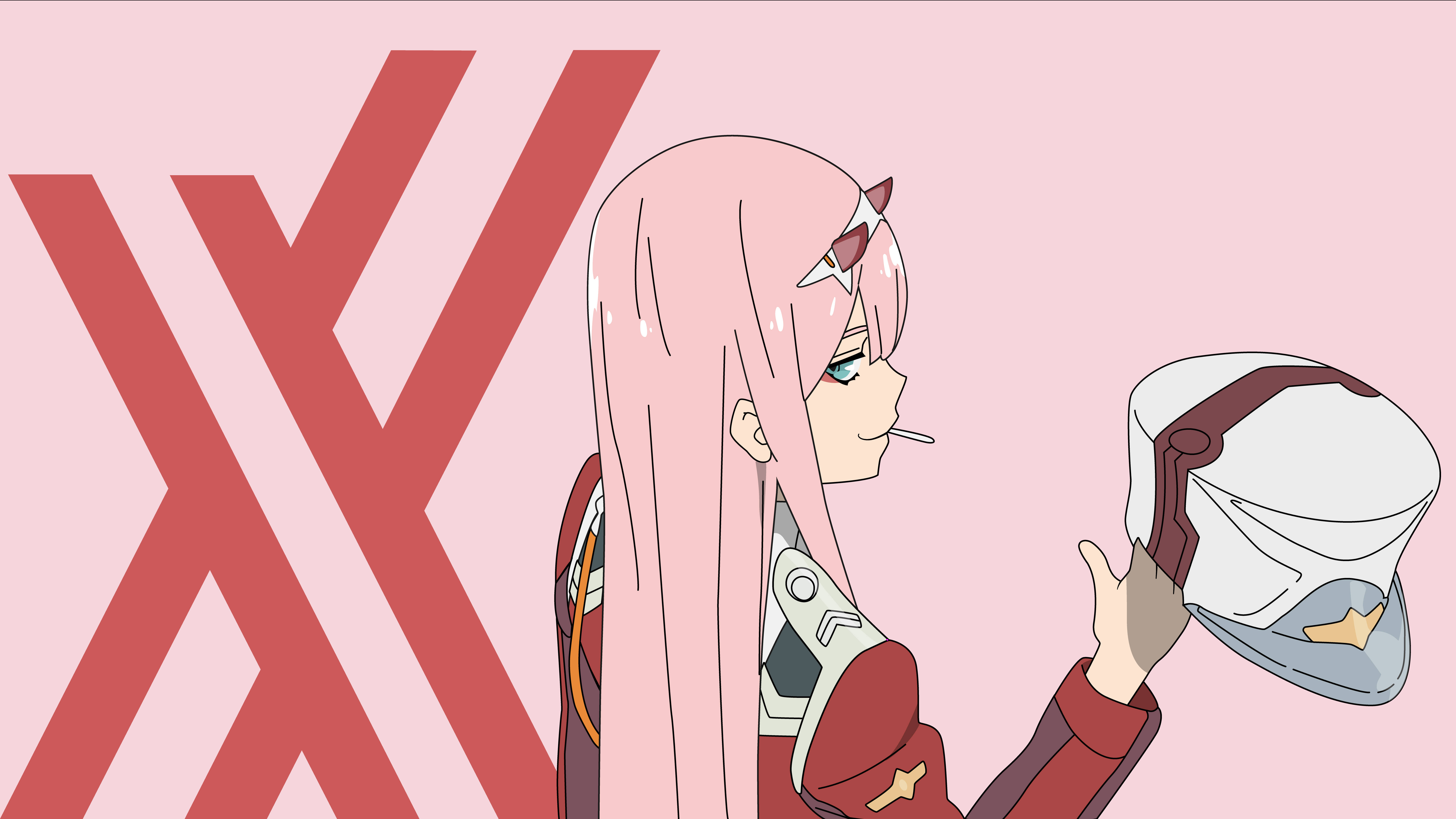 Zero Two，《Darling in the FranXX》 壁紙 — 粉紅色頭髮、戴著星形耳機的動漫女孩，在帶有紅色X形狀的粉紅色背景前拿著白色頭盔。