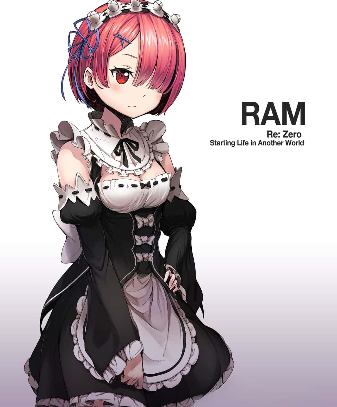 Re Zero Ram 桌布 壁紙 — 粉紅色頭髮和紅色眼睛的動漫女孩，穿著黑白女僕裝，戴著花卉頭飾。