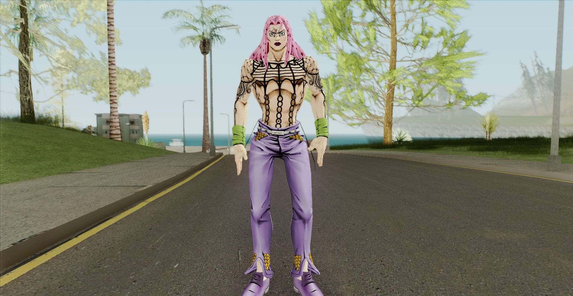 Jojo's Bizarre Adventure Diavolo 桌布 壁紙 — 粉紅色頭髮和紫色褲子的動漫角色站在棕櫚樹成行的海岸道路上，天空明亮。