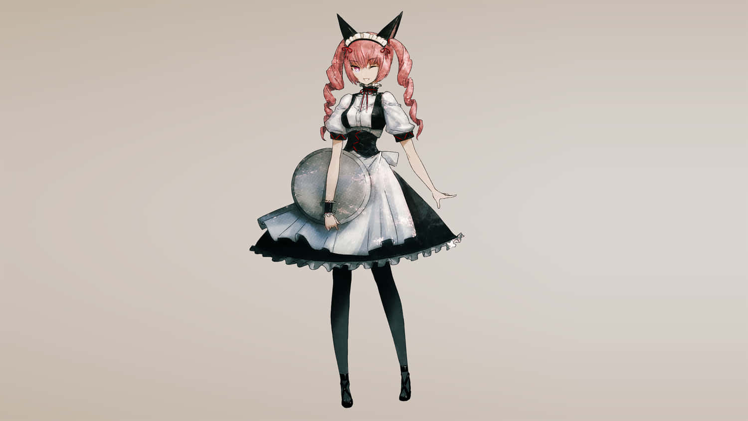 Faris Nyannyan 桌布 壁紙 — 粉紅色頭髮和貓耳的女僕動漫女孩，穿著黑白女僕裝，在純米色背景前拿著銀色盾牌。