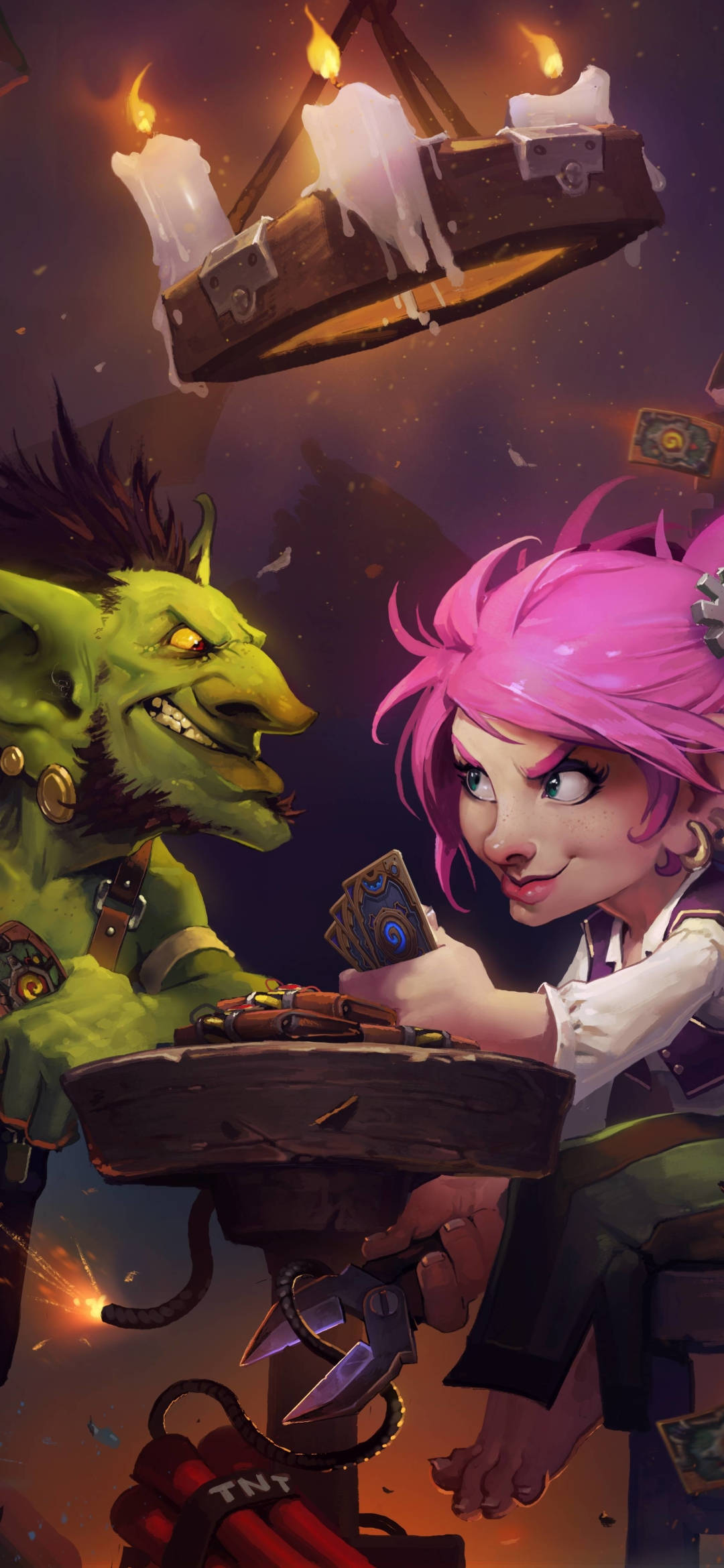 hearthstone phone 桌布 壁紙 — 粉紅色頭髮的盜賊和綠色哥布林在昏暗的地牢中，在滴蠟燭的吊燈下玩紙牌。