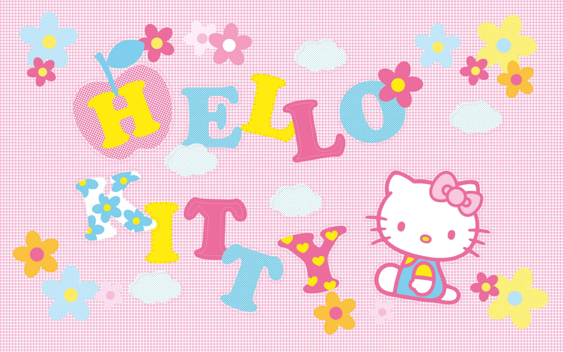 Hello Kitty 卡通角色被花同雲朵包圍喺粉紅色格仔背景上。