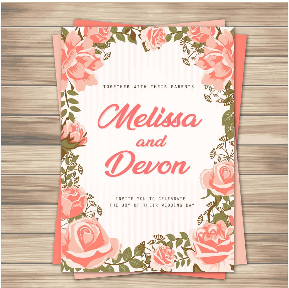 婚禮邀請卡，以粉紅玫瑰和綠色框架圍繞 Melissa 和 Devon 的名字。