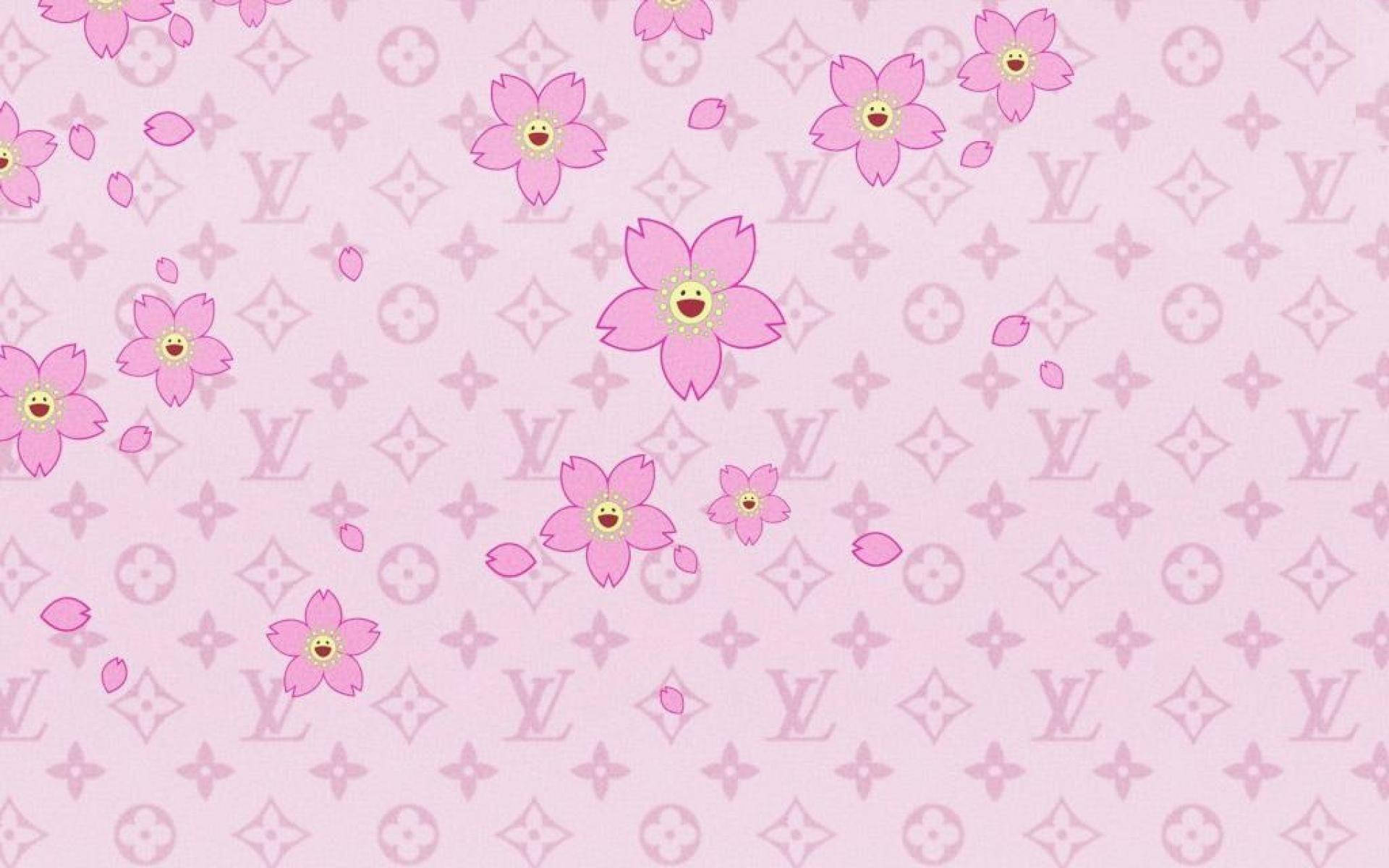 粉紅色的櫻花帶著笑臉，在 Louis Vuitton 字母組合圖案背景上。
