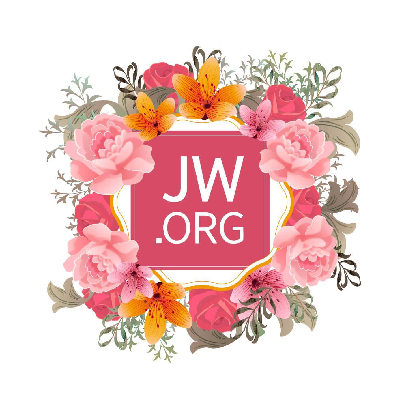 由粉紅色牡丹和橙色百合組成的花環，環繞著一個帶有 JW.ORG 文字的粉紅色正方形。