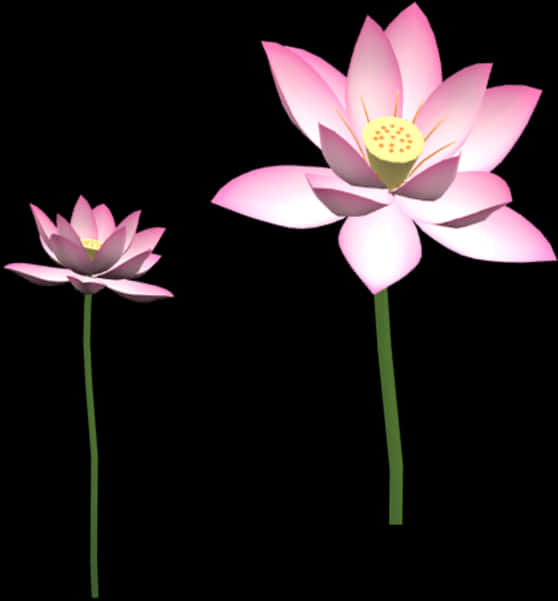 粉紅蓮花插畫 壁紙 — 兩朵風格化的粉紅色蓮花，帶有綠色莖，在純黑色背景上綻放。