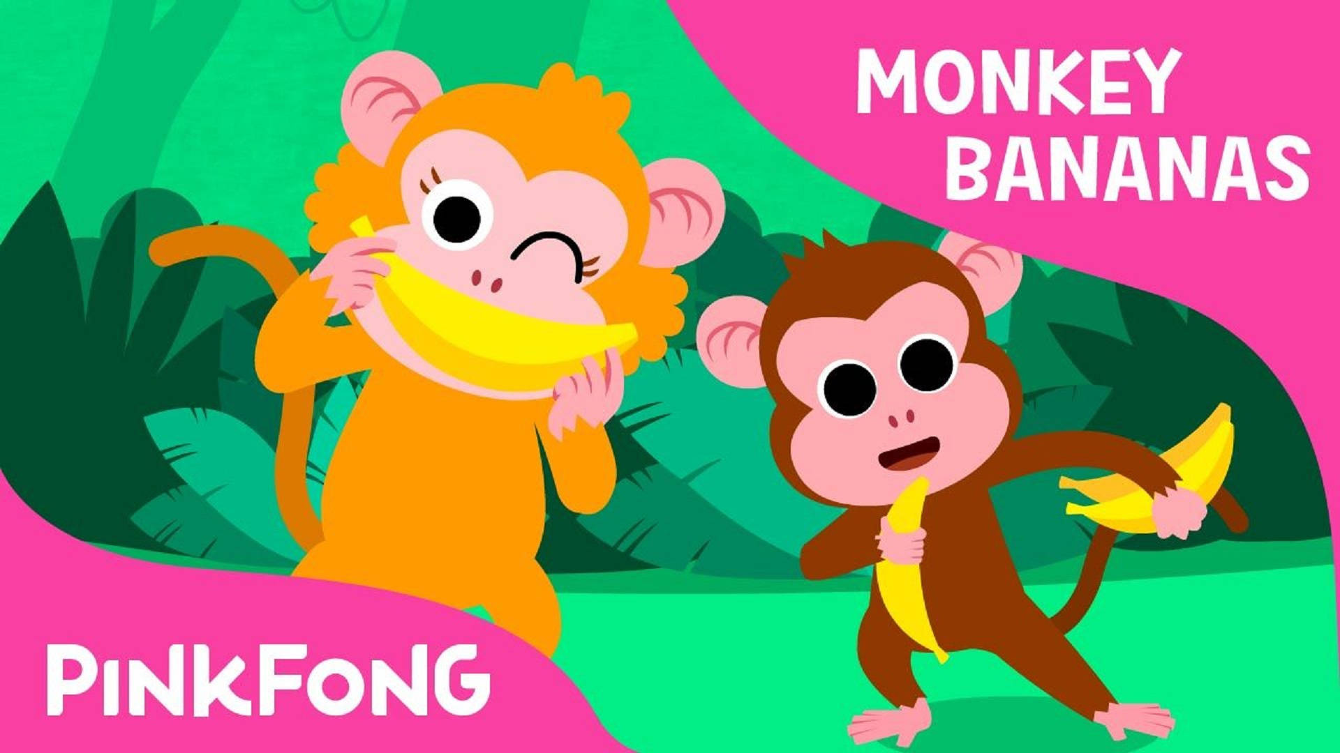 粉紅豬小妹 Monkey Bananas 歌曲 壁紙 — 兩隻卡通猴子在充滿活力的叢林中快樂地吃香蕉，並帶有粉紅色圖形疊加。