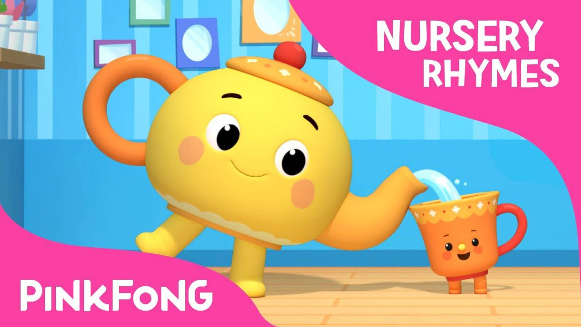 粉紅豬小妹 nursery rhyme 茶壺 壁紙 — 一個歡樂的黃色卡通茶壺在色彩繽紛的育兒室環境中將茶倒入一個微笑的橙色杯子。