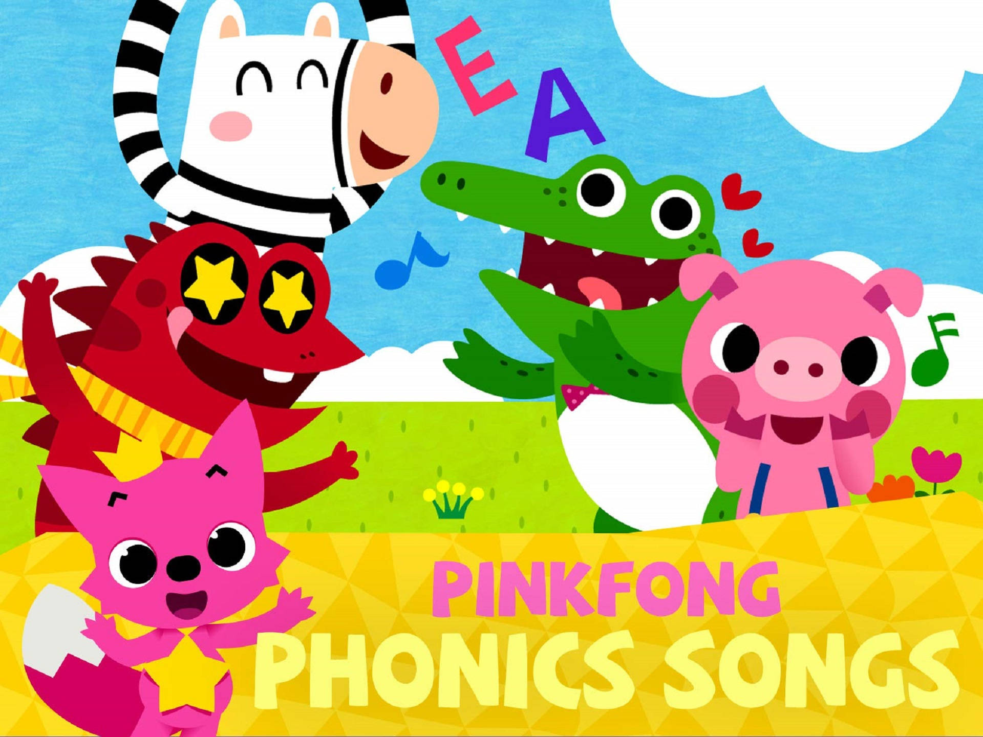粉紅豬小妹 Phonics Songs 封面 壁紙 — 色彩繽紛的卡通動物，如斑馬、鱷魚和豬，在明亮的藍天下快樂地唱著拼音歌曲，周圍漂浮著字母。