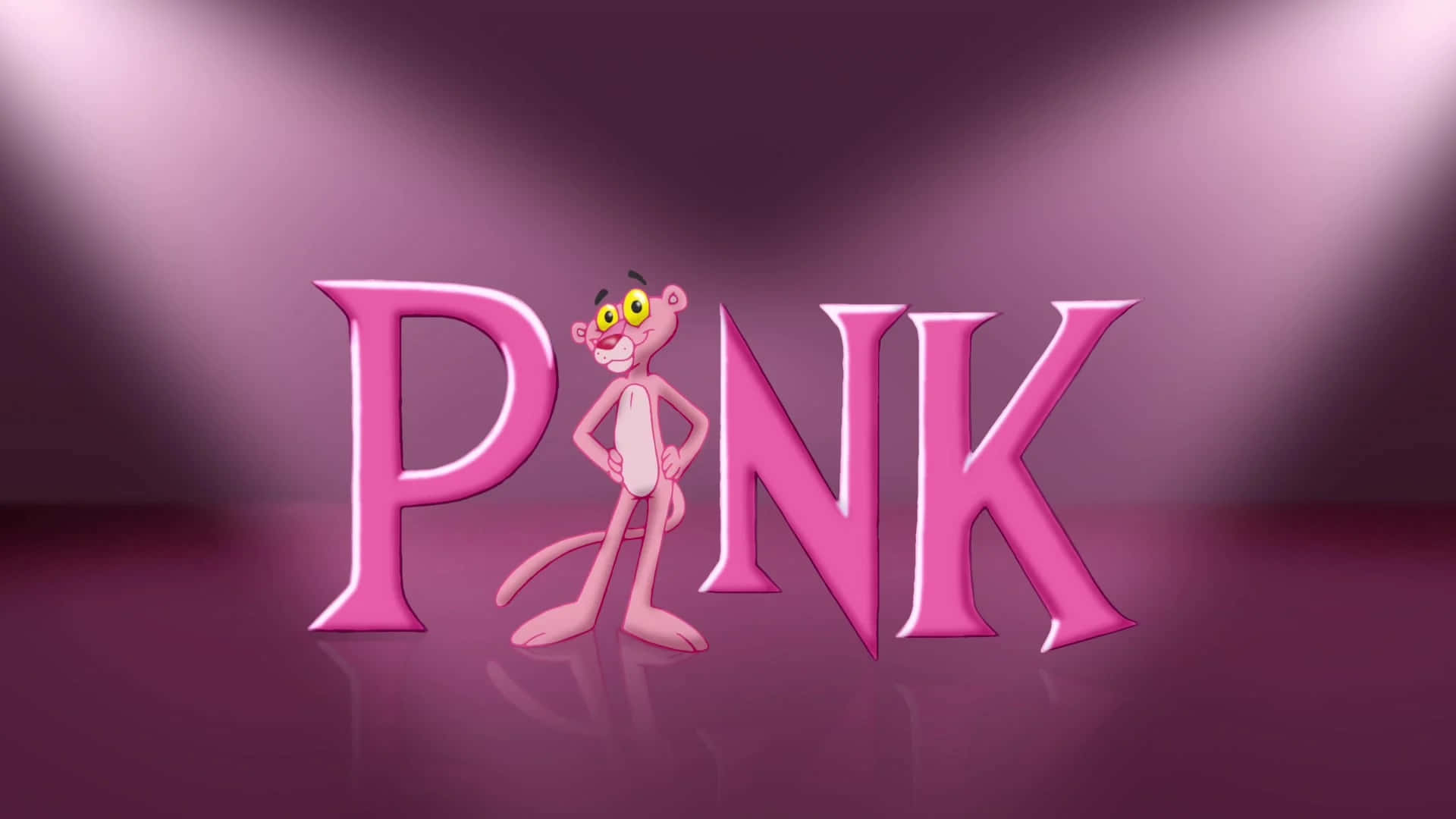 Pink Panther 桌布 壁紙 — 粉紅豹在紫色舞台上，自信地站在聚光燈光束下的大型粉紅色字母之間。