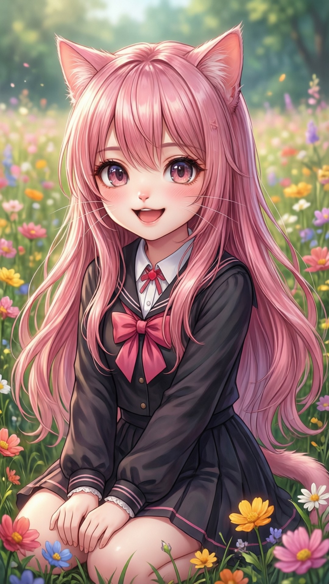 粉紅貓耳娘花田 壁紙