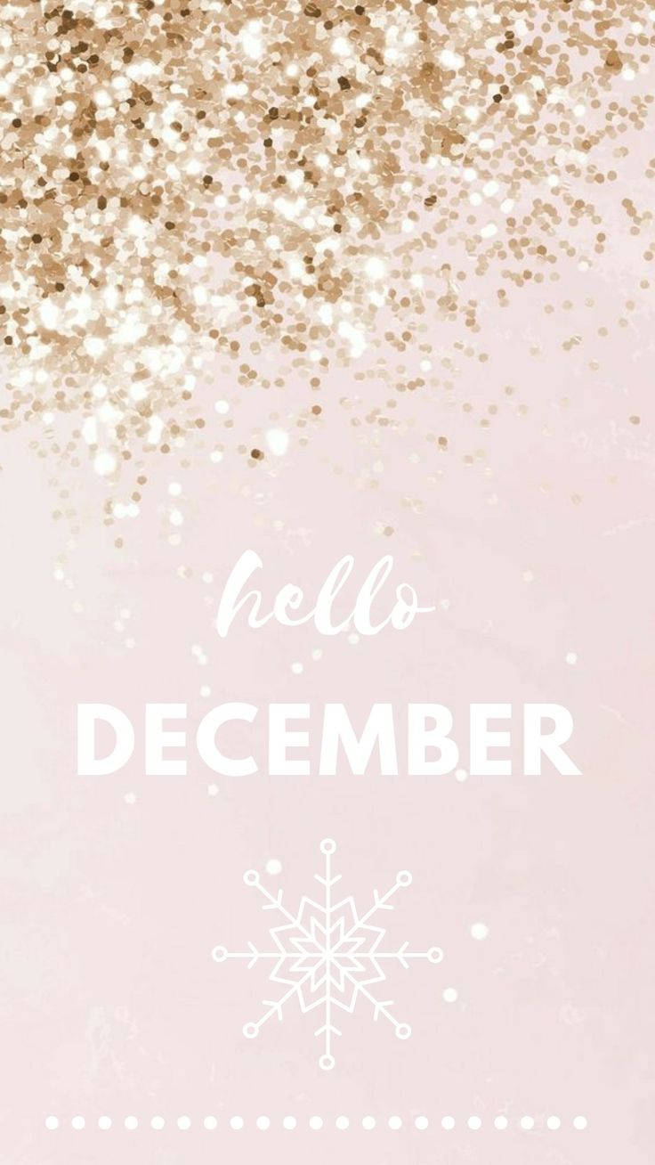 粉紅色背景，金色閃粉飄落，白色文字寫著 hello DECEMBER，並附有雪花。