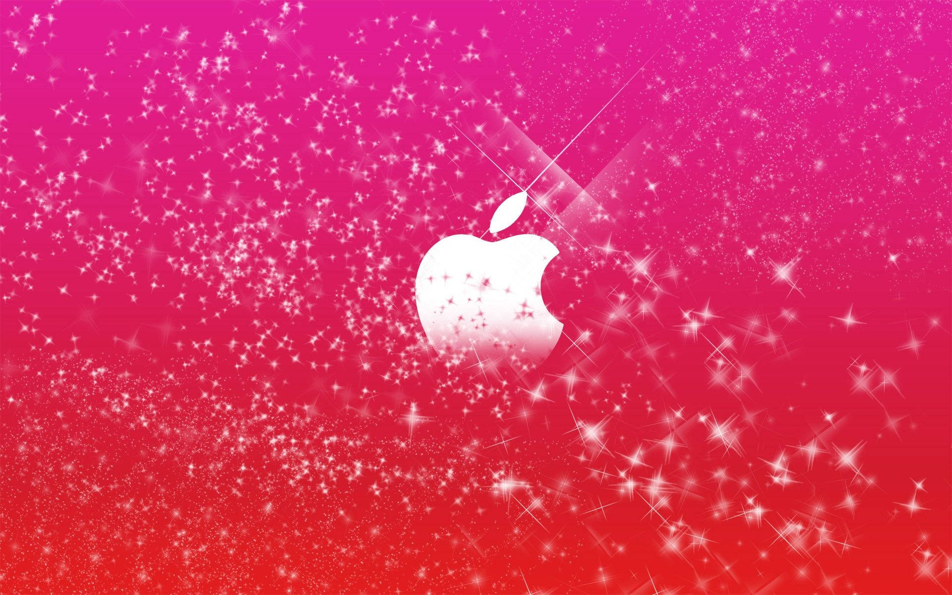 粉紅閃粉搭配蘋果標誌 壁紙 — 一個發光的白色Apple標誌漂浮在閃爍的星星之間，背景是充滿活力的粉紅到紅色漸變。