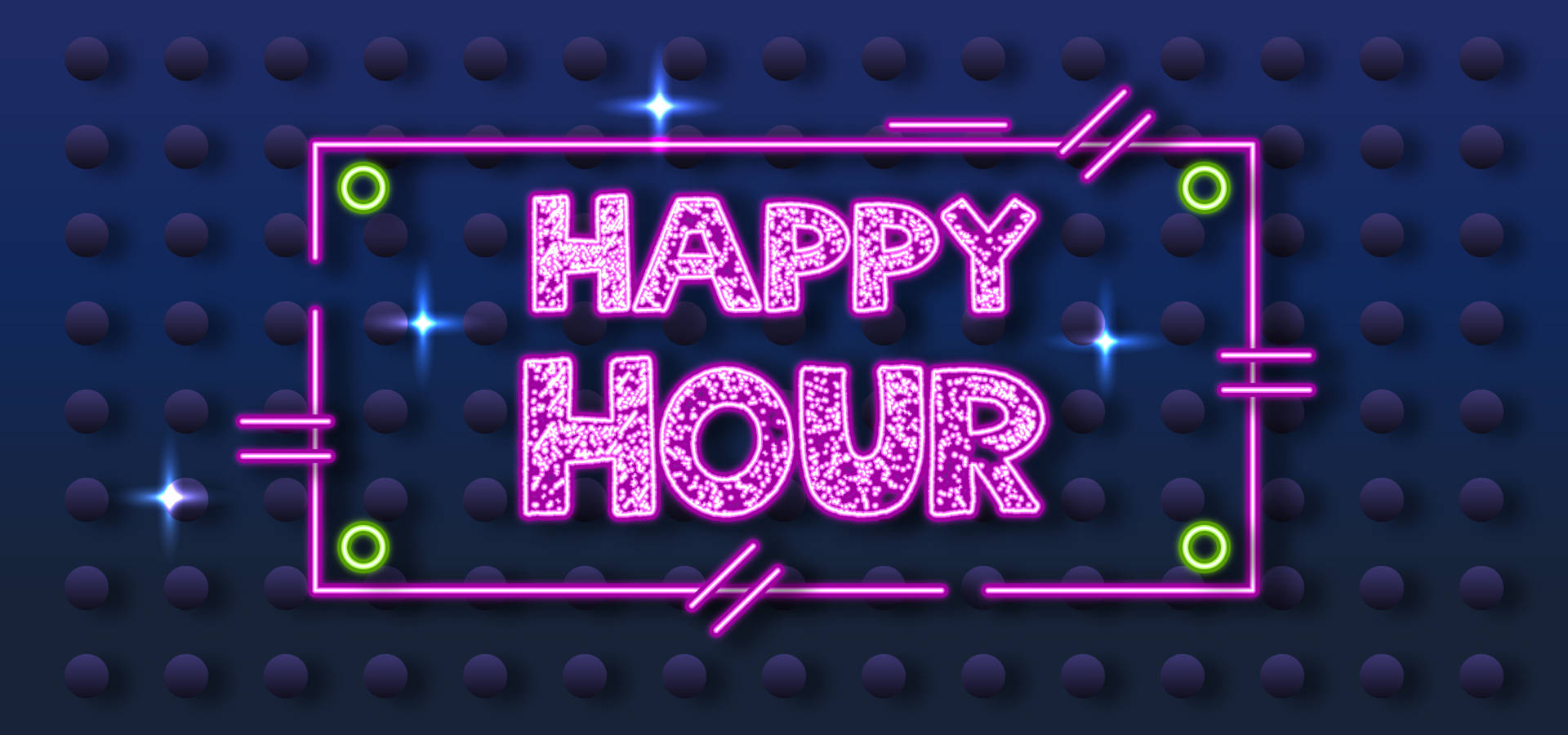 霓虹燈牌顯示「Happy Hour」，以粉紅色和綠色燈光呈現，背景為深藍色圓點。