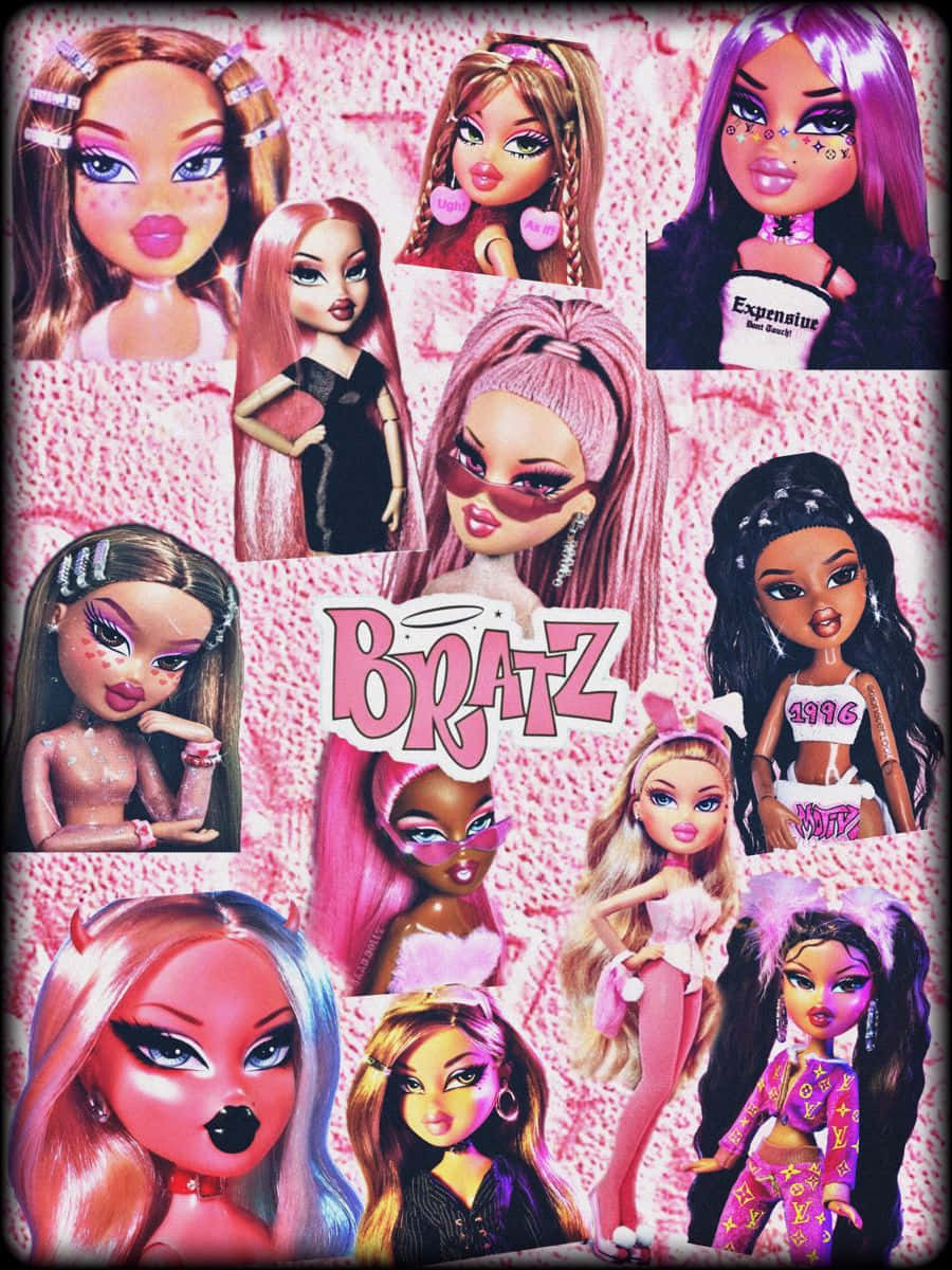 粉紅閃粉美學Bratz玩偶 壁紙 — 一個充滿活力的Bratz娃娃拼貼畫，擁有鮮豔的妝容和色彩繽紛的服裝，背景為粉紅色紋理。