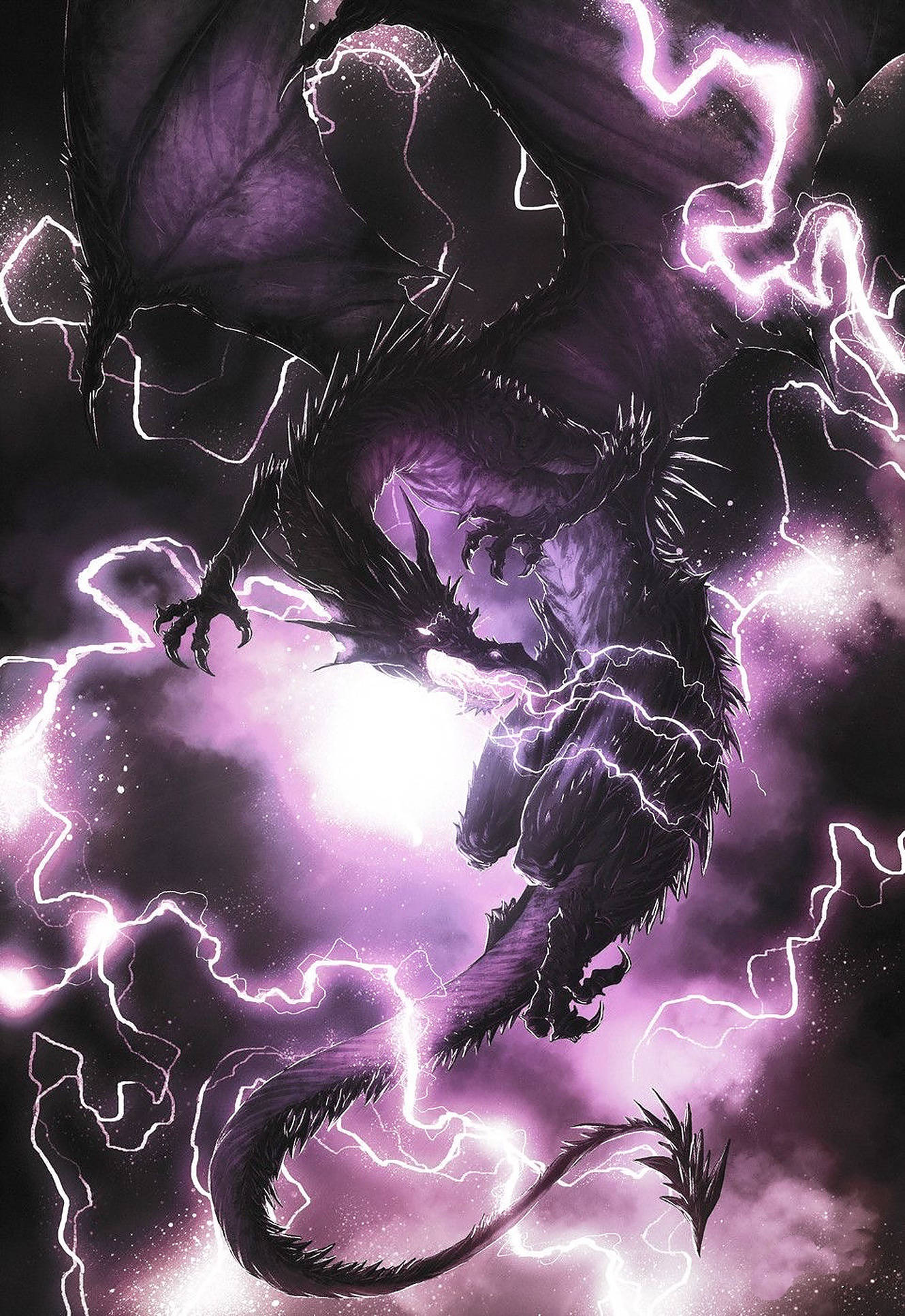 粉紅雷電龍 壁紙 — 一隻莊嚴的紫色龍，眼睛發光，閃電在翅膀周圍噼啪作響，翱翔於風暴般的宇宙天空中。