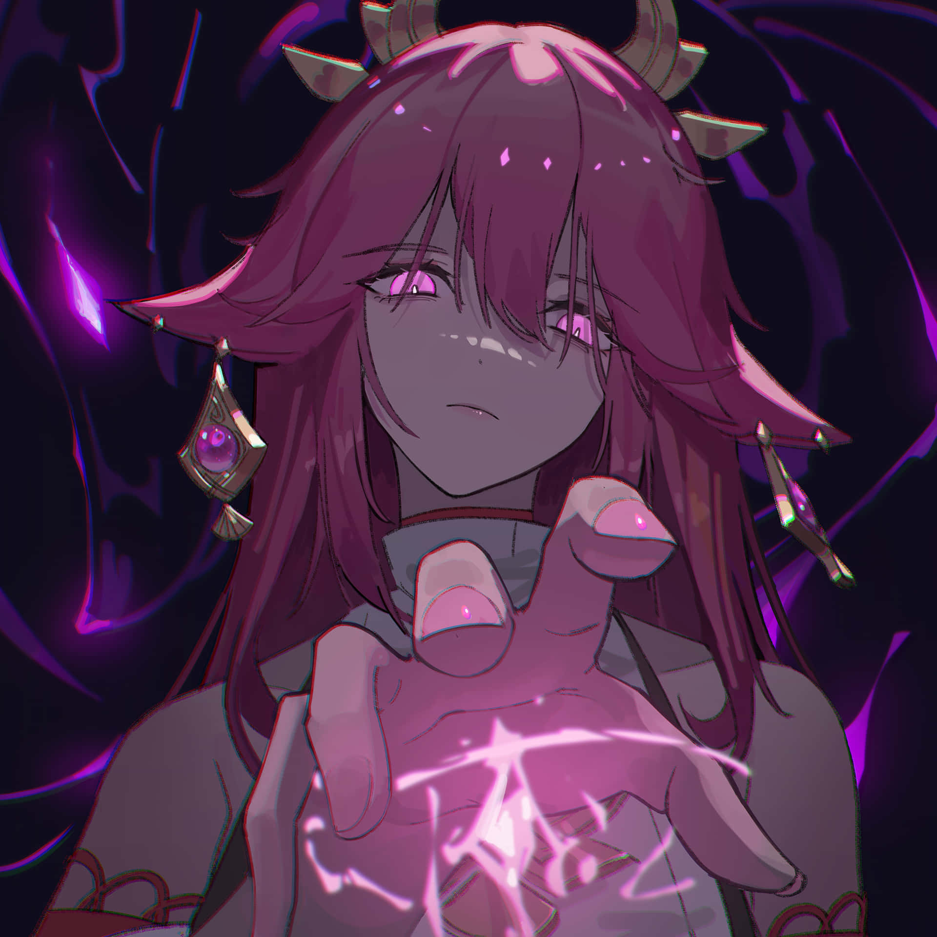 紫髮有角的動漫女孩引導發光的粉紅色魔法。