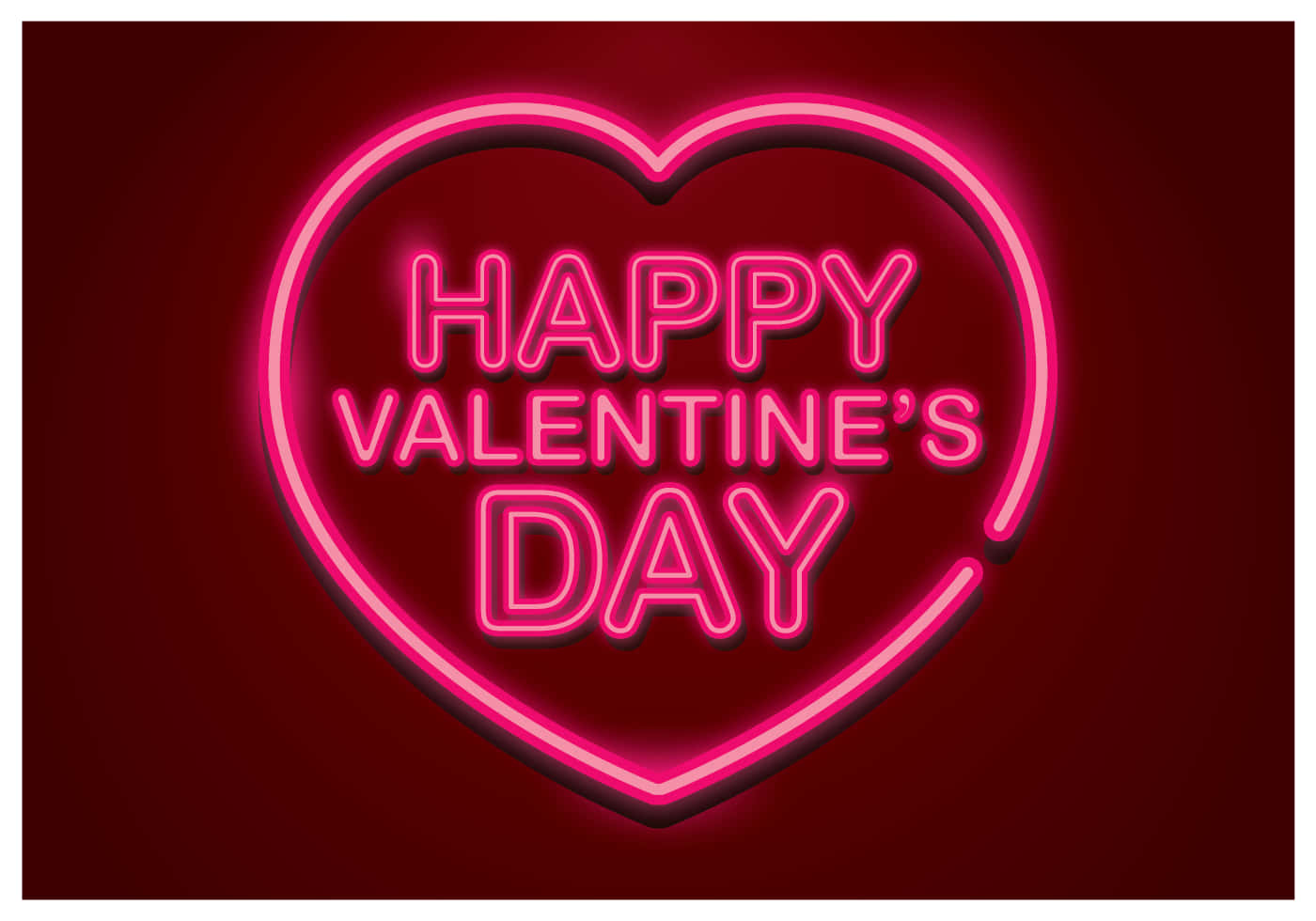 霓虹心形標誌，在深紅色背景上寫著 Happy Valentine's Day。