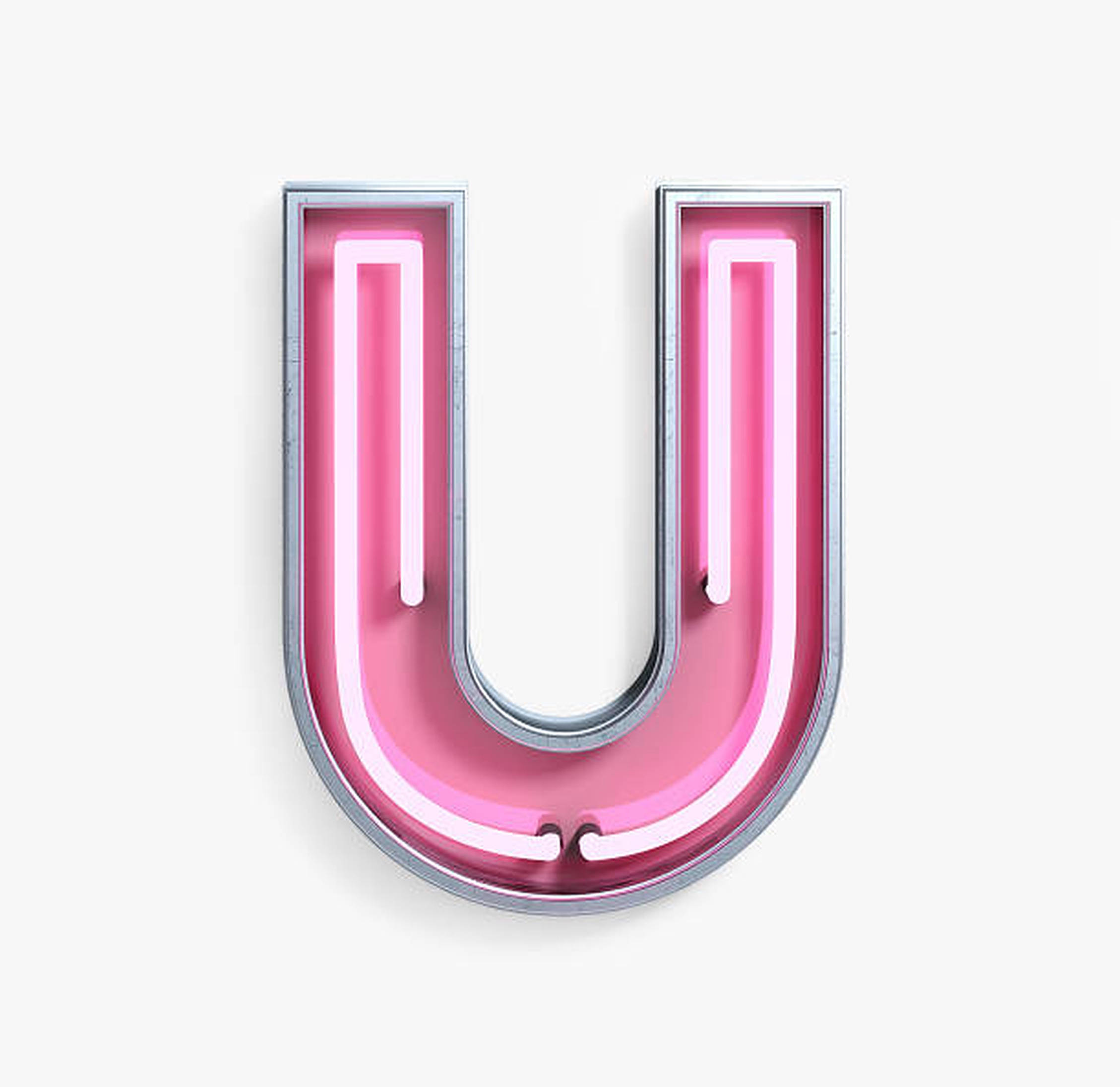 粉紅霓虹燈字母U 壁紙 — 一個發光的粉紅色霓虹燈字母U，鑲在金屬框架中，在純色背景上投下柔和陰影。