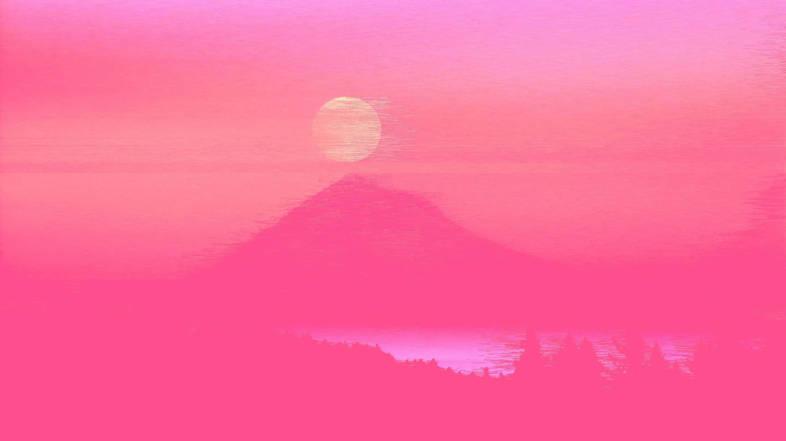 粉紅霧氣山巒與月光桌面美學 壁紙 — 在夕陽下，柔和的水彩筆觸勾勒出寧靜的粉紅色山脈輪廓，伴隨著發光的太陽。