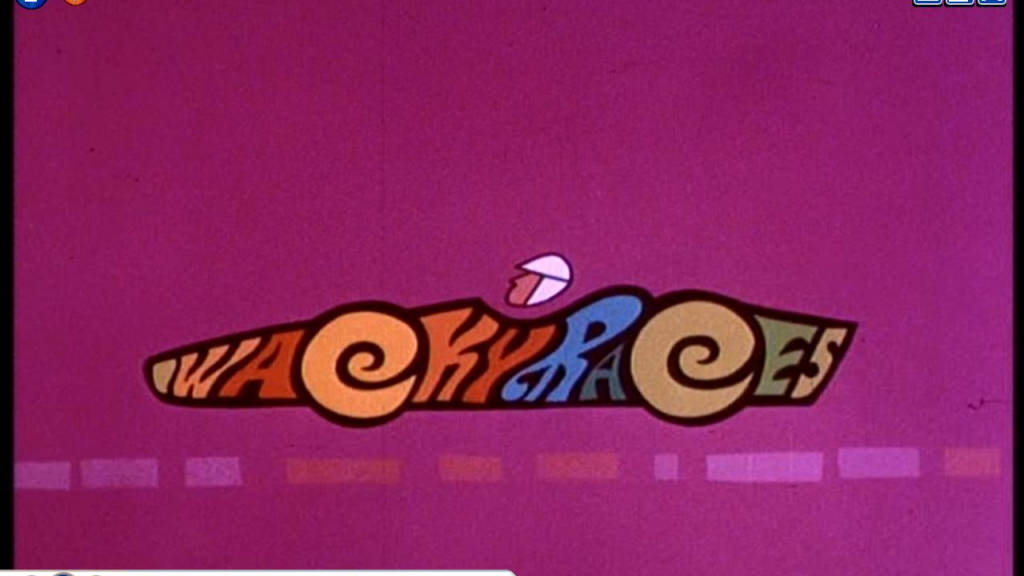 Wacky Races 卡通標誌，喺洋紅色背景上有旋轉嘅字母。