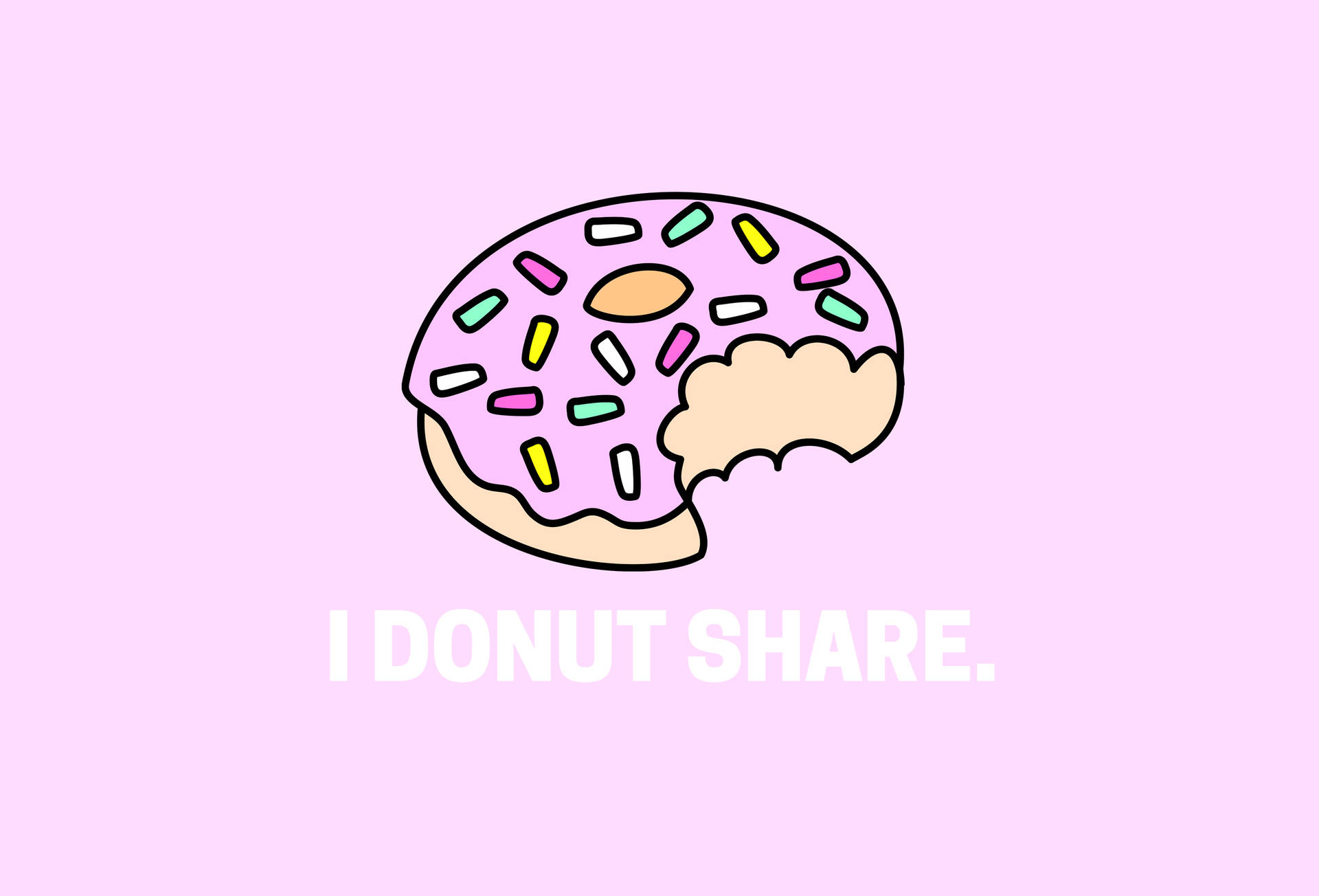 一個被咬了一口的卡通冬甩和文字 I DONUT SHARE。