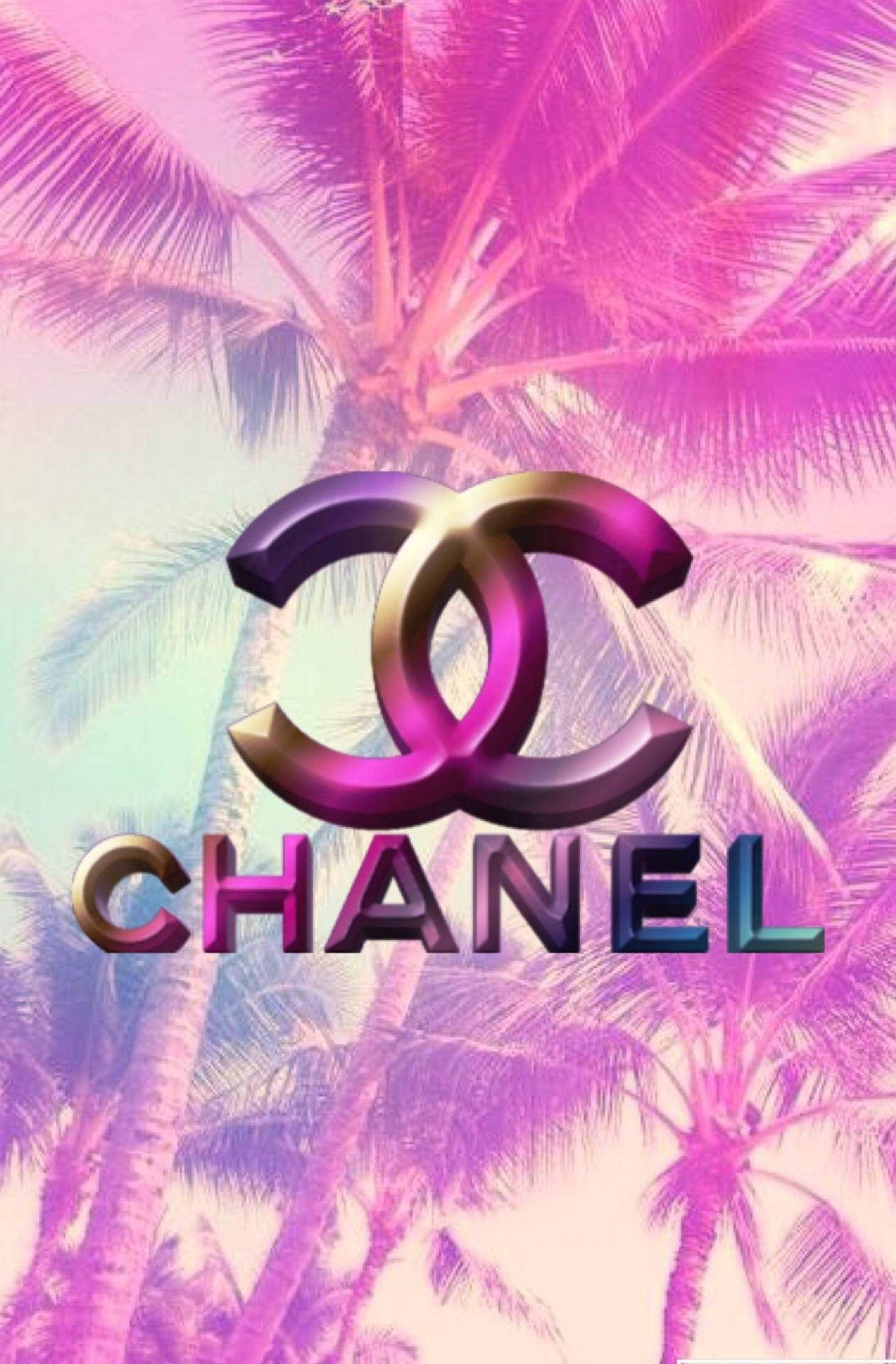 Chanel標誌與棕櫚樹在粉紅和紫色漸變背景上