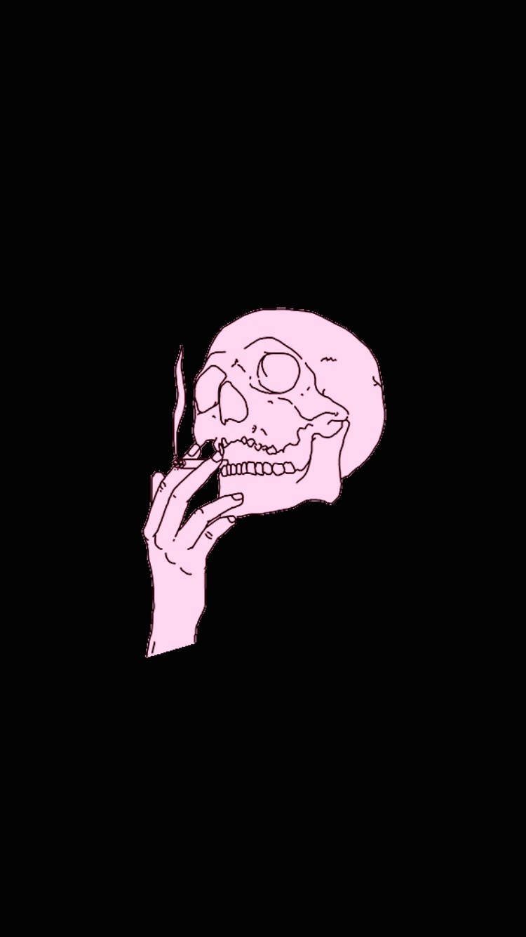 粉紅骷髏叼煙 壁紙 — 一個粉紅色插圖骷髏頭在純黑背景前叼著香煙，煙霧裊裊升起。