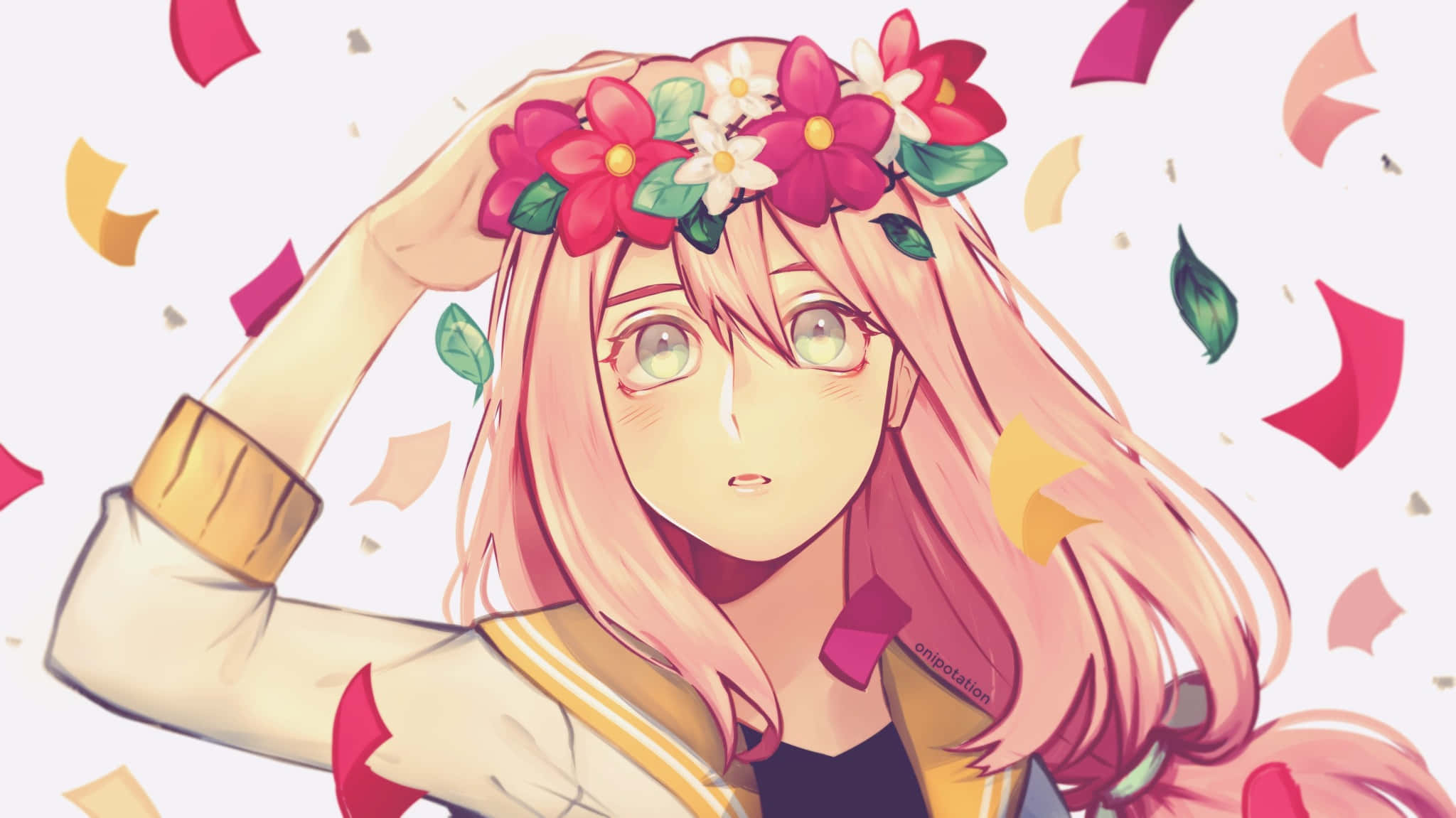 粉紅髮少女戴著花冠 壁紙