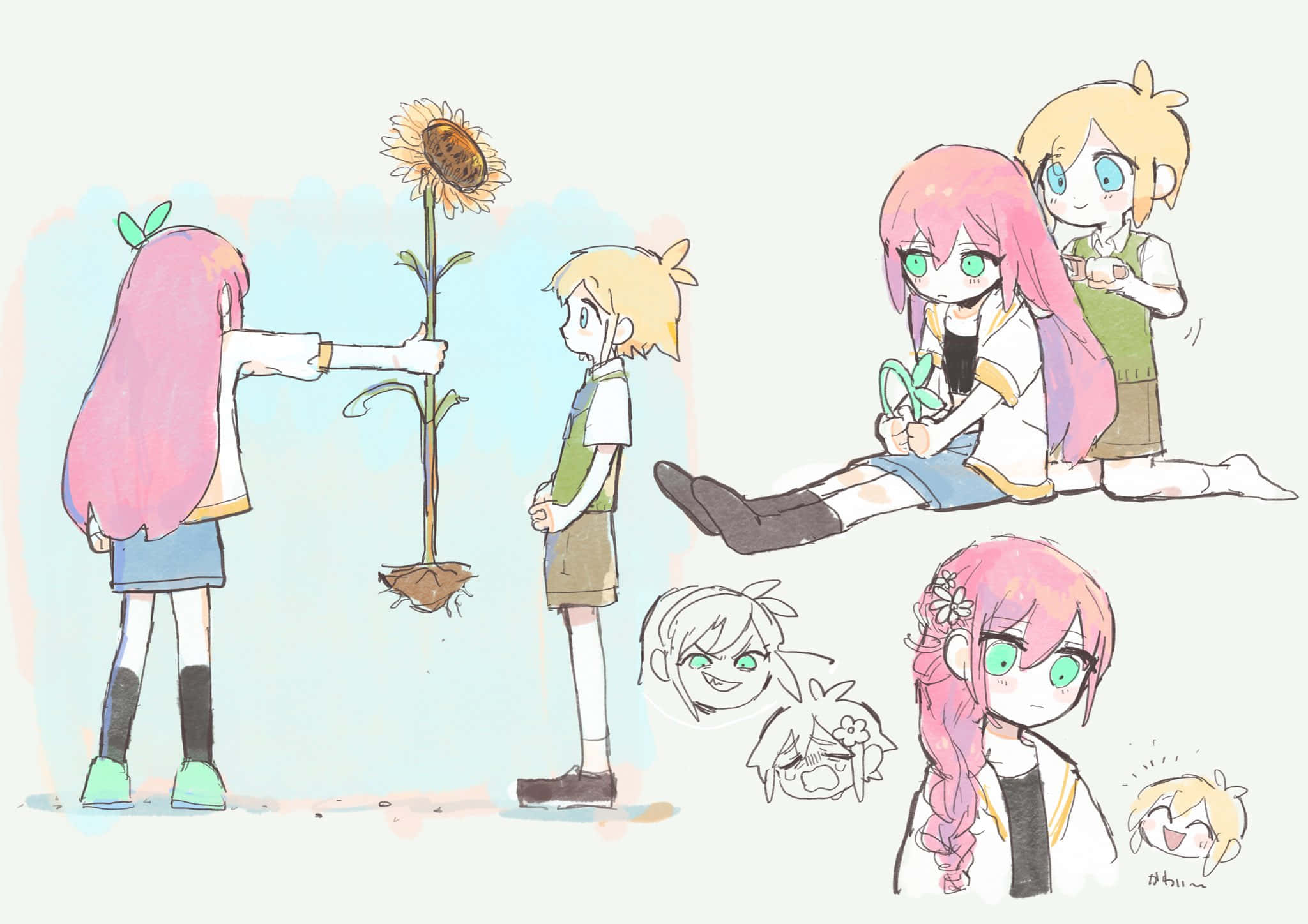 粉紅髮少女與持花少女 壁紙