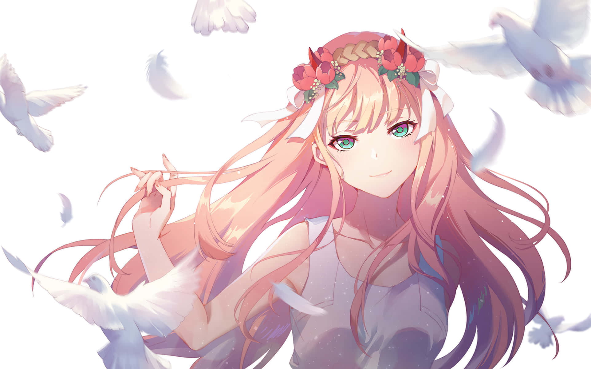 粉紅髮少女與白鴿花冠 壁紙