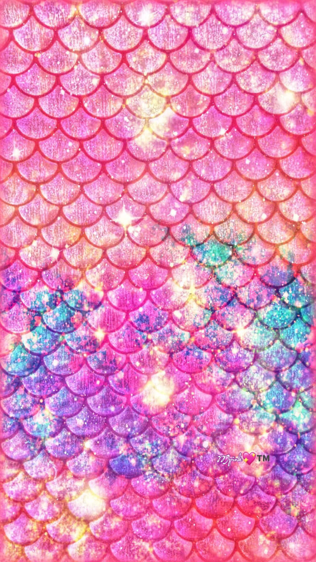 充滿活力的美人魚鱗片圖案，帶有閃亮的粉紅色和藍色色調。 — 粉紅色 iPhone 壁紙