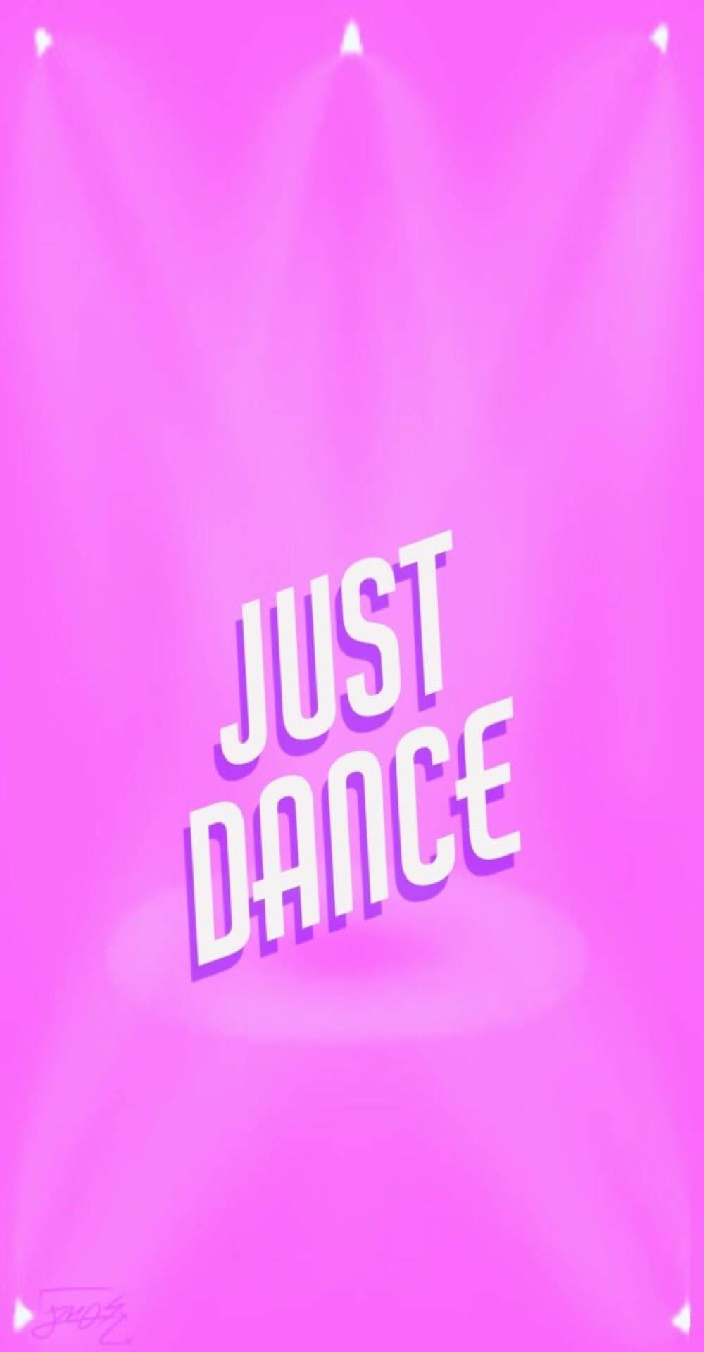 粉紅色舞台，聚光燈光束和粗體白色文字，上面寫著just dance。