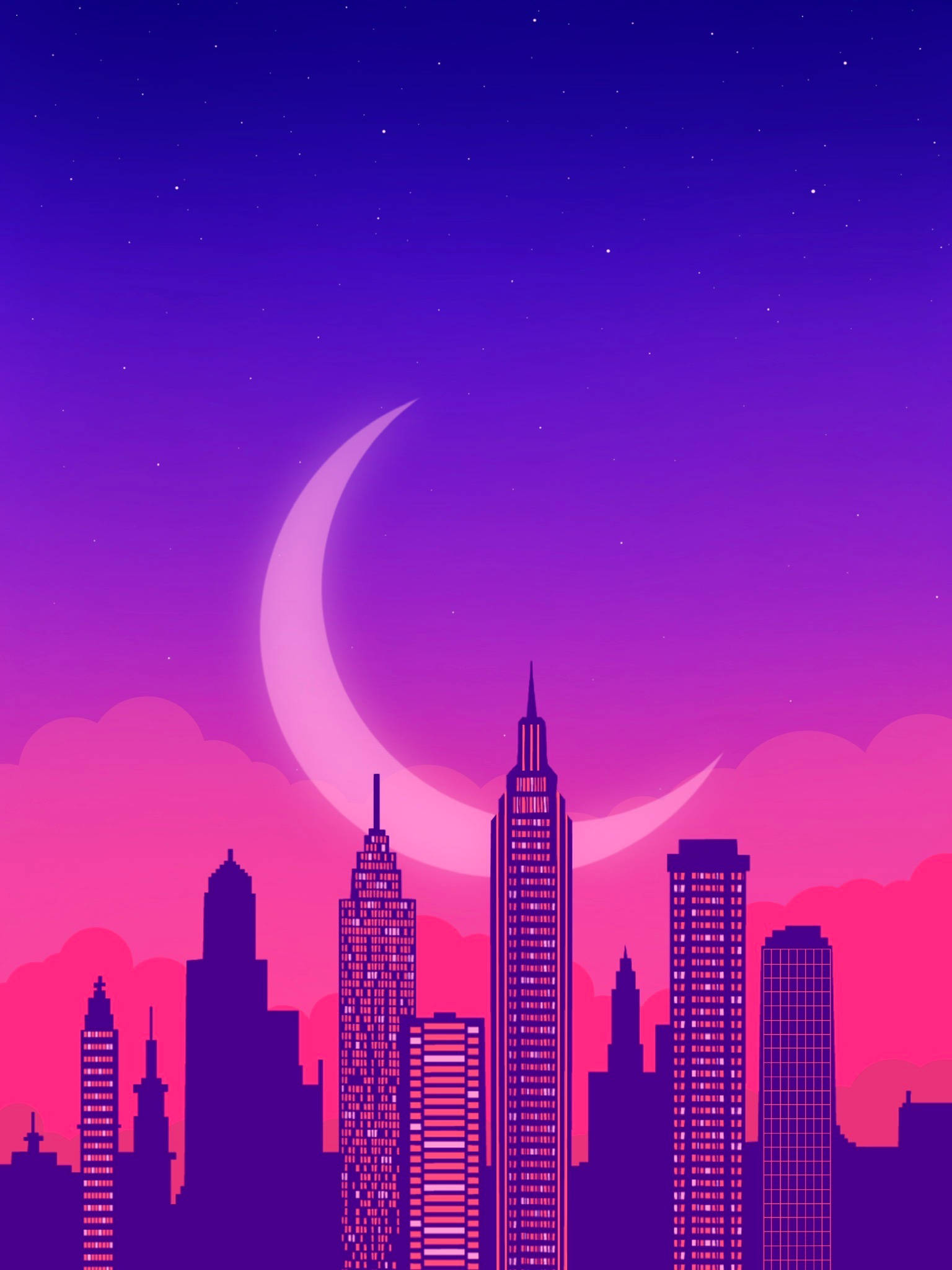 粉紫合成波城市藝術 壁紙 — 夜晚風格化的城市天際線，在發光的彎月和繁星點點的紫粉色天空下。