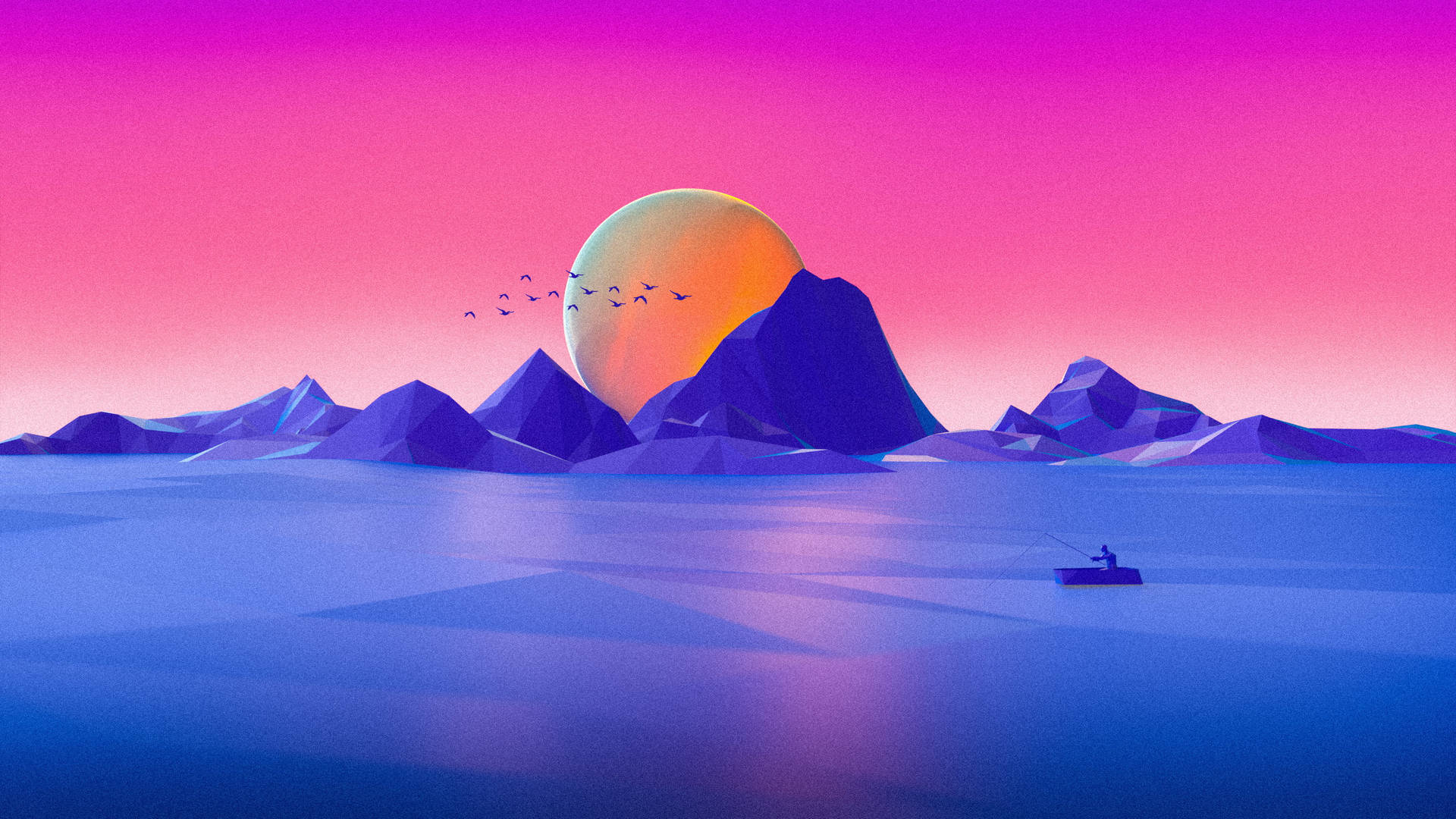 一個漁夫在小船上，在平靜的水面上，夕陽西下，紫色山脈。