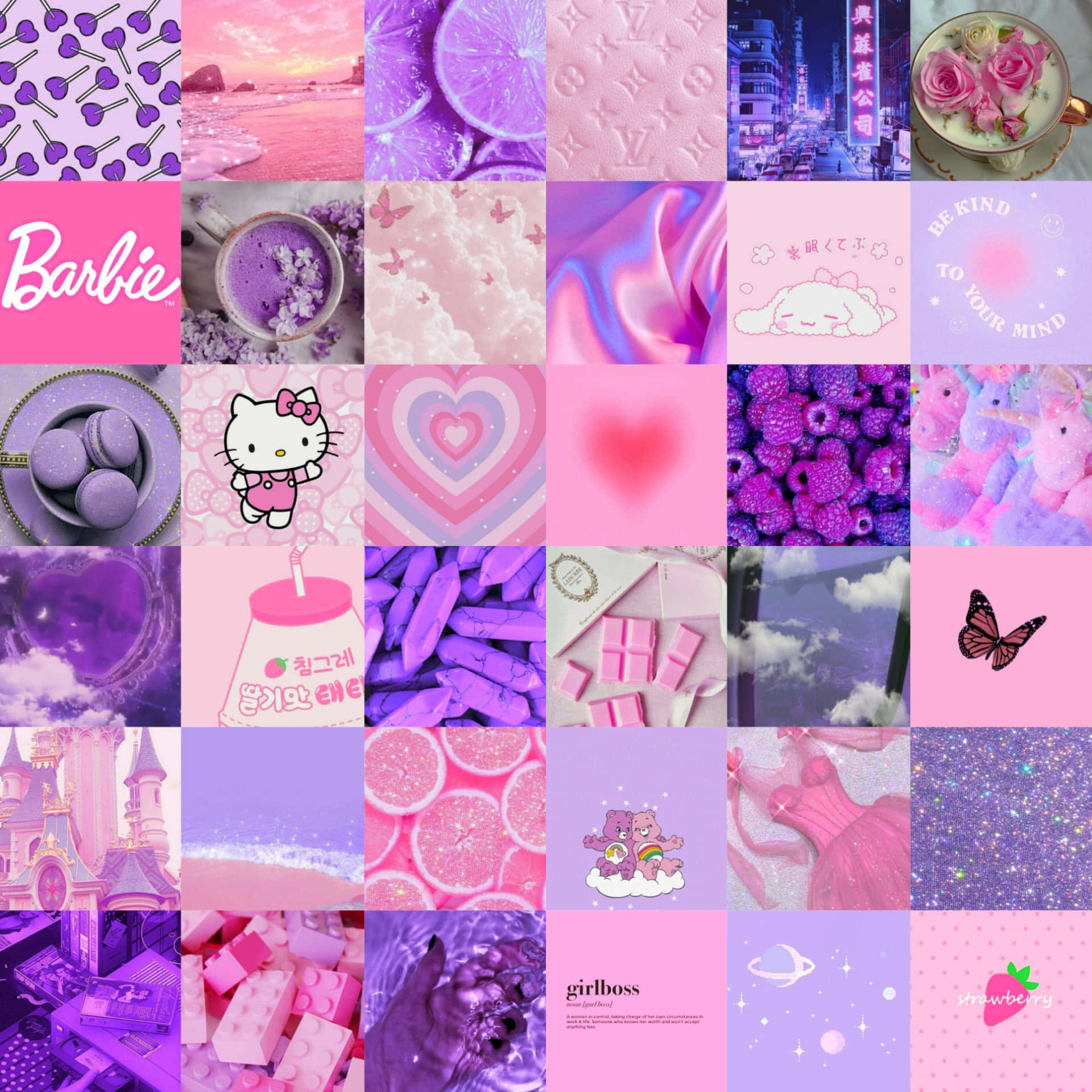 以粉紅色和紫色為主題的拼貼畫，包含 Hello Kitty Barbie 和甜點。