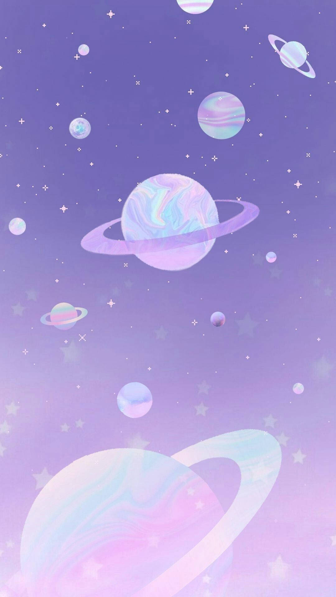 Cute Purple Planets Aesthetic Phone 壁紙 — 粉紫色和粉紅色的行星帶有光環，漂浮在閃爍的星星之間，構成夢幻的宇宙場景。